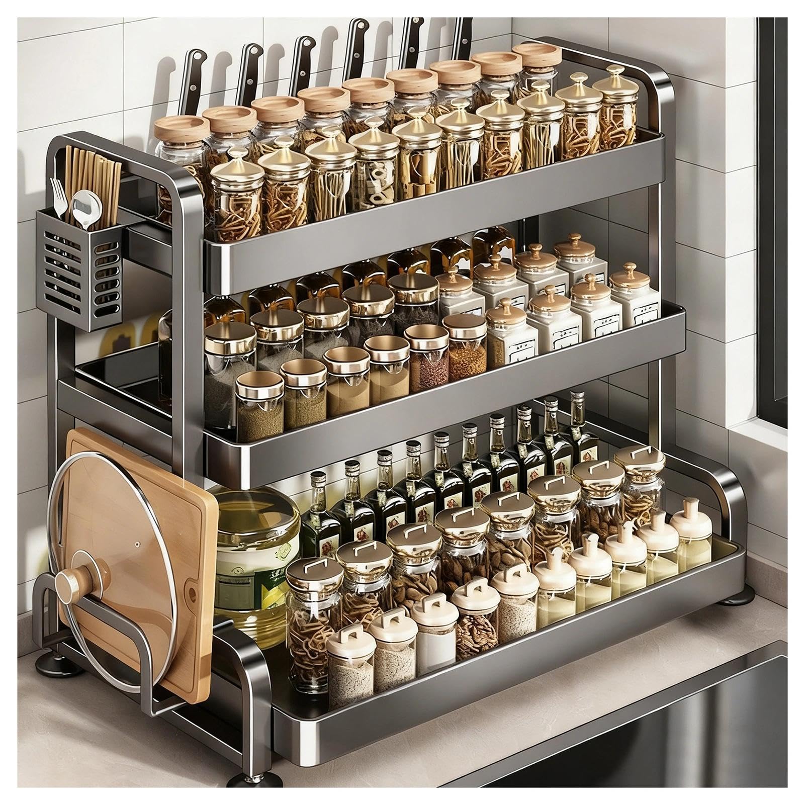 HADECOLL Spice Rack Organizer With Hooks And Utensil Holders,Countertop Stand For Kitchen, Office, Living Room,3 Tier-21.6in