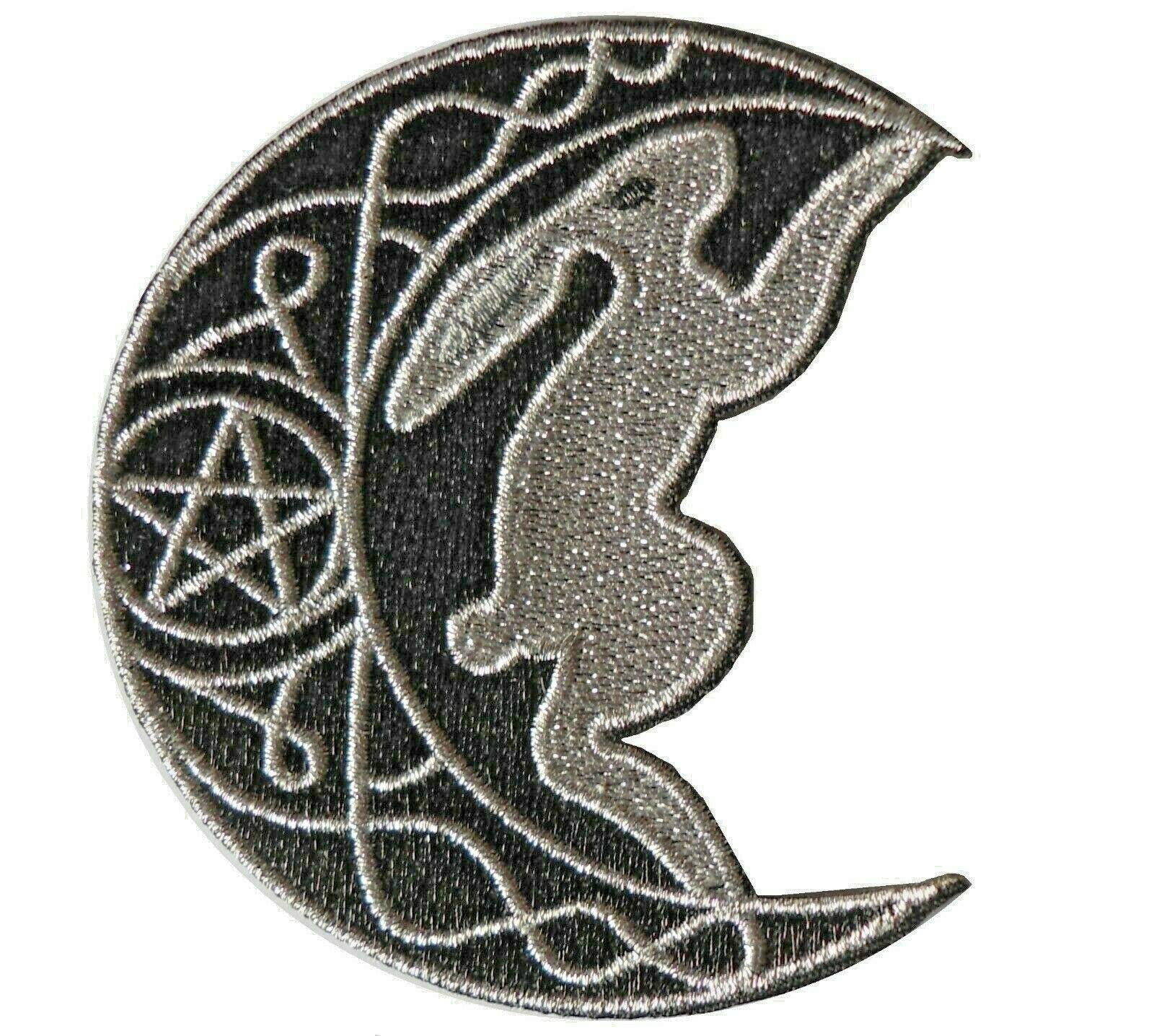 B4B Moon Hare Pagan Witch Celtic Mythological Wiccan Pentagram Embroidered Iron On Patch 80mm