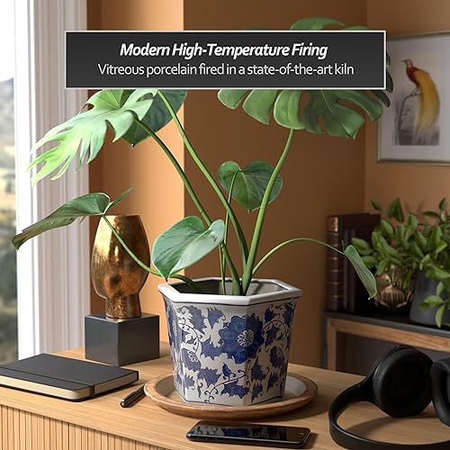 Miniatura 10 de Red Lantern Maceta de porcelana azul y blanca de dragón de 10"