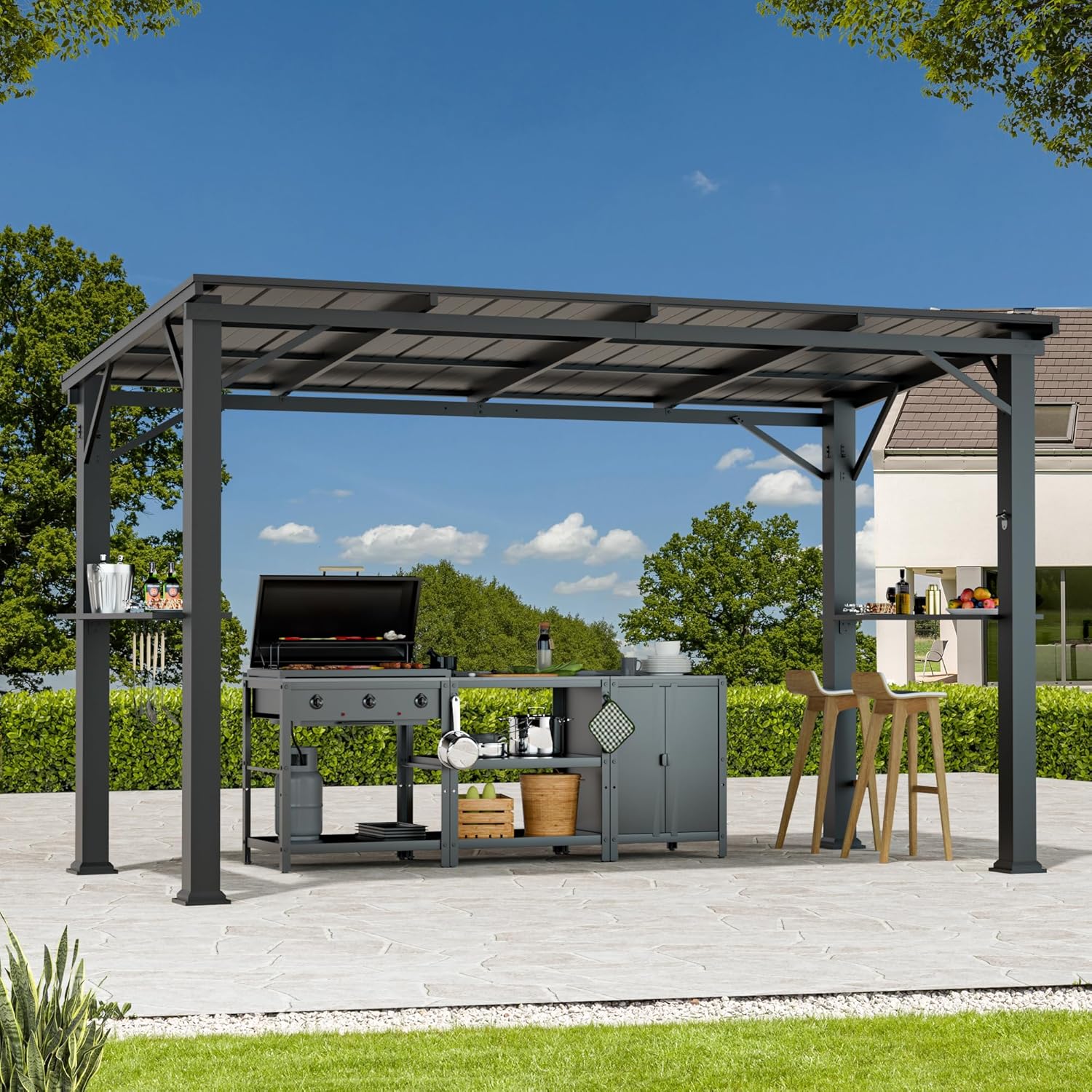 Covered Outdoor Grill Gazebo 6'x12'with Side Shelf, Outdoor Hardtop Gazebo with Bottle Opener & Hooks, Grill Canopy with Sturdy Rustproof Design for Backyard, Garden, Patio,Black