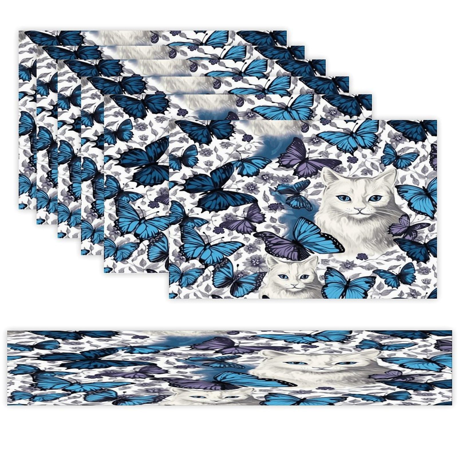 Blue Butterfly and White Cat Table Runner and Placemats Set of 6 Stain Resistant Heat Resistant Place Mats for Kitchen Dining Table Mats Long Table Runner Modern Art Dining Decor for Daily Use