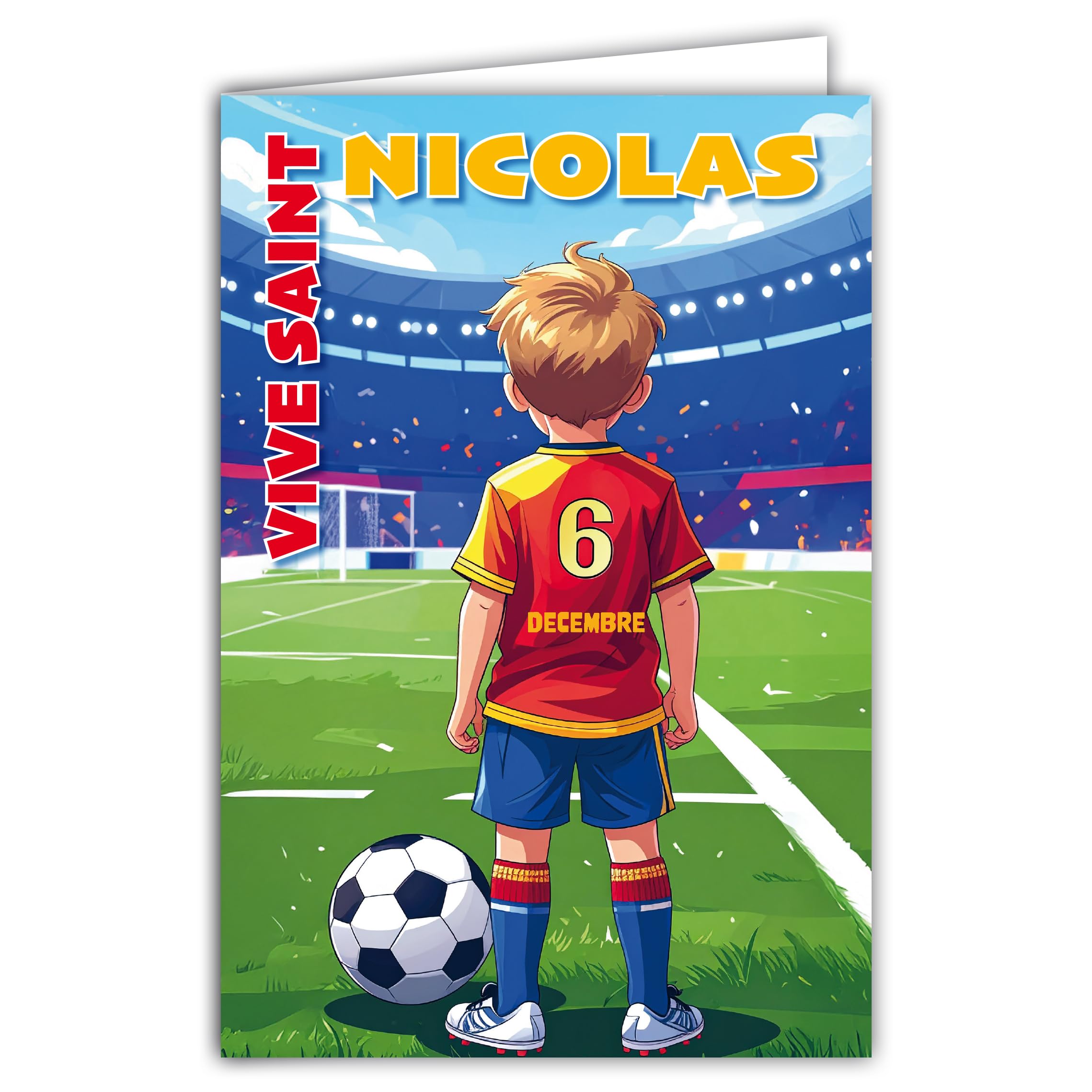 68-1366 Card Vive Saint Nicholas 6 December Wish a Happy Birthday to a Schoolboy Boy Footballer Football Round Striker Field Goal – With White Envelope Size 12 x 17 cm