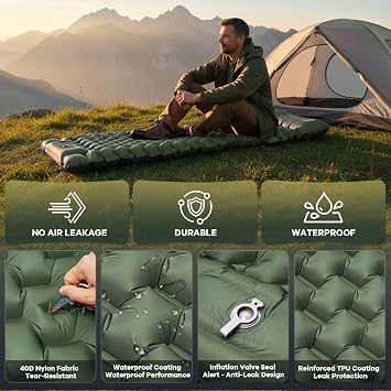 Hioutdoor 10CM Camping Self-Inflating Mat, Ultralight Inflatable Mattress with Foot Pump & Pillow, Compact Air Mattress for Outdoor Camping Hiking Beach
