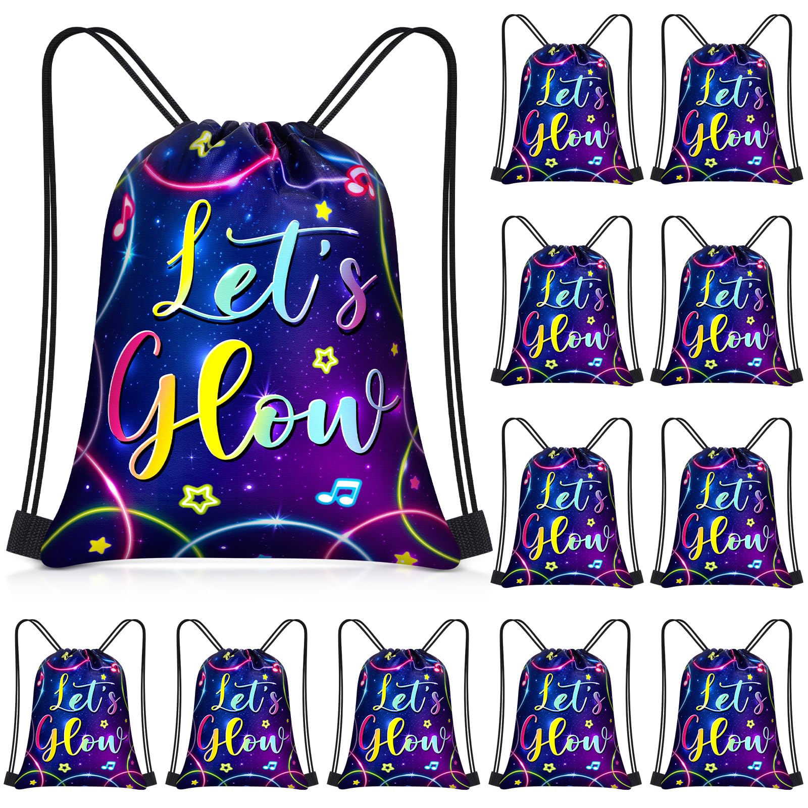 Censen 24 Pcs Let's Glow Drawstring Bags Set Bulk 12 x 10 Inch Low Party Favor Bags Neon Birthday Supplies for Adults Gift Party Supplies — image 1