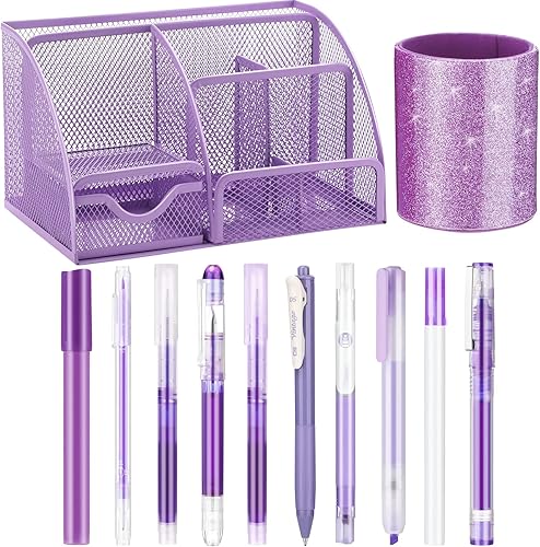 Kosiz Juego de 12 organizadores y accesorios de escritorio morados, 7 compartimentos, organizador de escritorio de malla de piel sintética, soporte