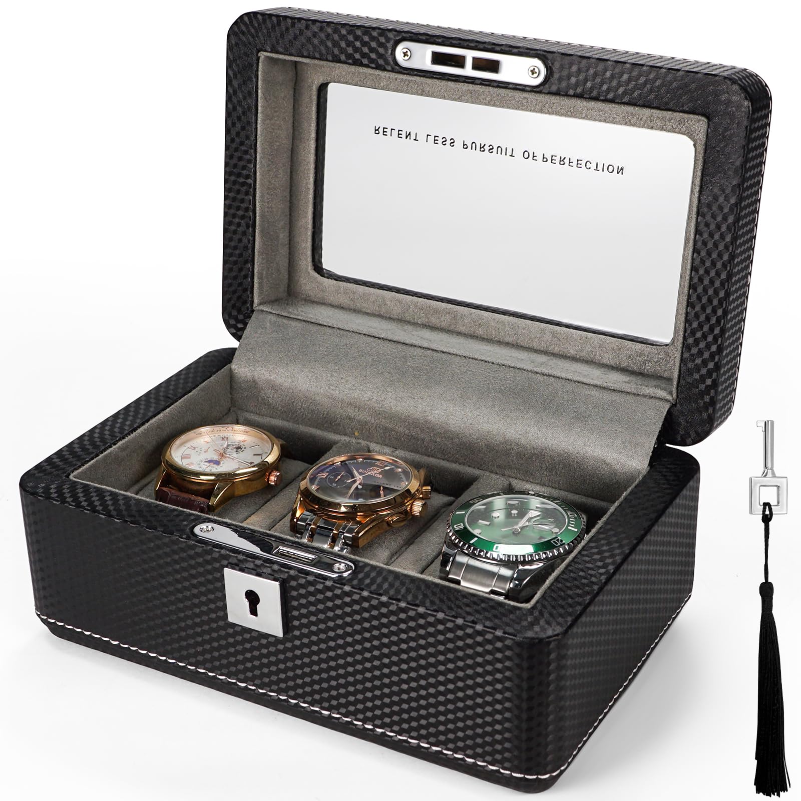 Scatola per orologi in pelle di alta qualità, in fibra di carbonio, per 3 orologi, con serratura, portatile, con finestra in vetro, regalo ideale per collezionisti di orologi, viaggiatori, in