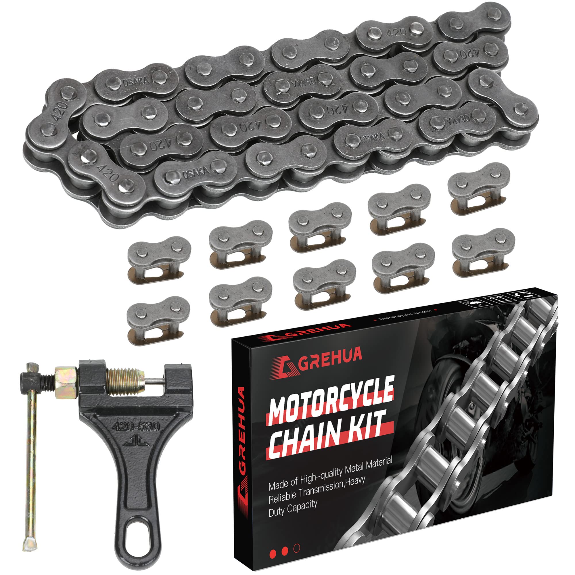 GREHUA 420 Chain 42 Link Jackshaft Chain Breaker with Standard Master Link for 212cc 196cc 6.5Hp CT200U Trail CT200U-EX BT200X Hensim Baja Warrior TrailMaster Massimo MB200 Mini Bike Parts Motorcycle