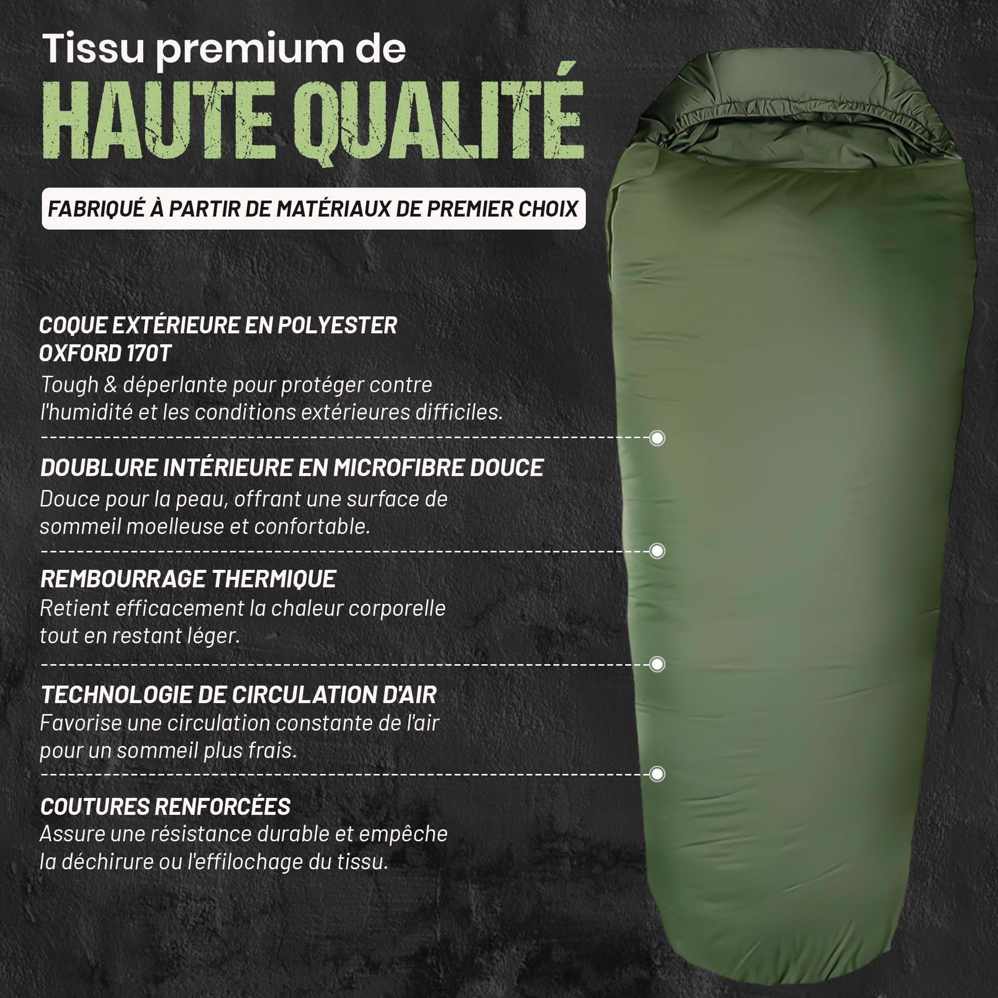 Gigoteuse Momie Thermique 3 Saisons Haute Technologie en Microfibre jusqu'à -13 °C ; léger, Compact, Chaud (Vert Olive)