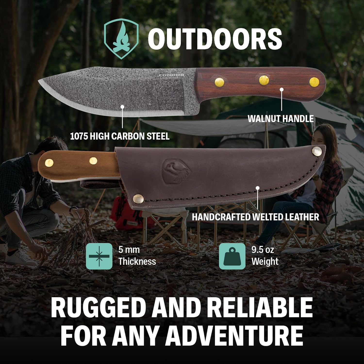 Condor Tool & Knife Mini Hudson Bay Fixed Blade Hunting Knife - 1075 High Carbon Steel - Hand Crafted Welted Leather Sheath - 4.9in Blade - 5mm Thick - 9.5oz