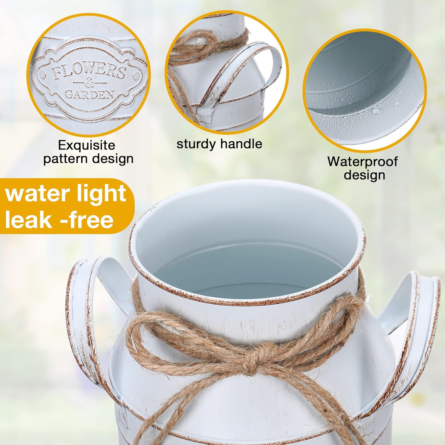Roshtia 8 Pcs 6 Inch Vintage Galvanized Milk Can Vase Spring Farmhouse Metal Vases Milk Jug Vase Decor with Handle Rustic Flowers Buckets for Weddings Table Centerpiece (Retro White)
