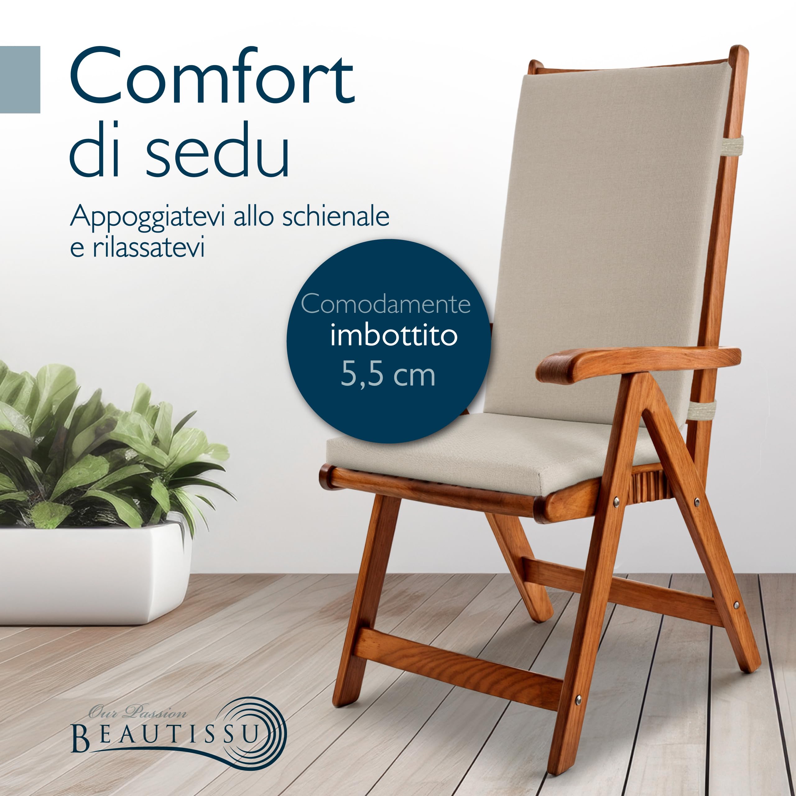 Beautissu Premium Set di 4 Cuscino Sedia Giardino Schienale Alto resistenti | 120x50cm beige 100% impermeabili UV comodi facili pulire asciugatura rapida Cuscini Sedie Mobili lavabile esterno Quick Dry