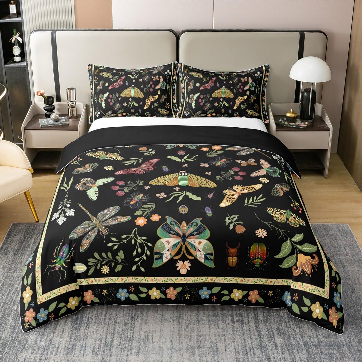 Homemissing Floral 100% Baumwolle Bettwäsche Set 135x200cm Jungen Mädchen Vinatge Botanischer Schmetterling Schwarz Bettbezug Für Kinder Retro Boho Blumen Bettwäsche-Set Blüte Dragonfly Grün