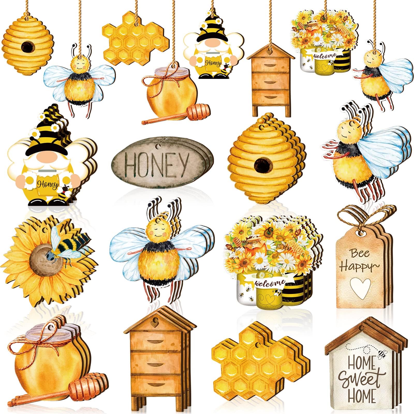 Karenhi 36 Pcs Bee Gnome Wooden Ornament Yellow Honeybee Gnome with Hat Hanging Decor Summer Tree Ornaments with String Bee Themed Party Favors for Baby Shower Birthday Party(36 Pcs,Novelty Style)