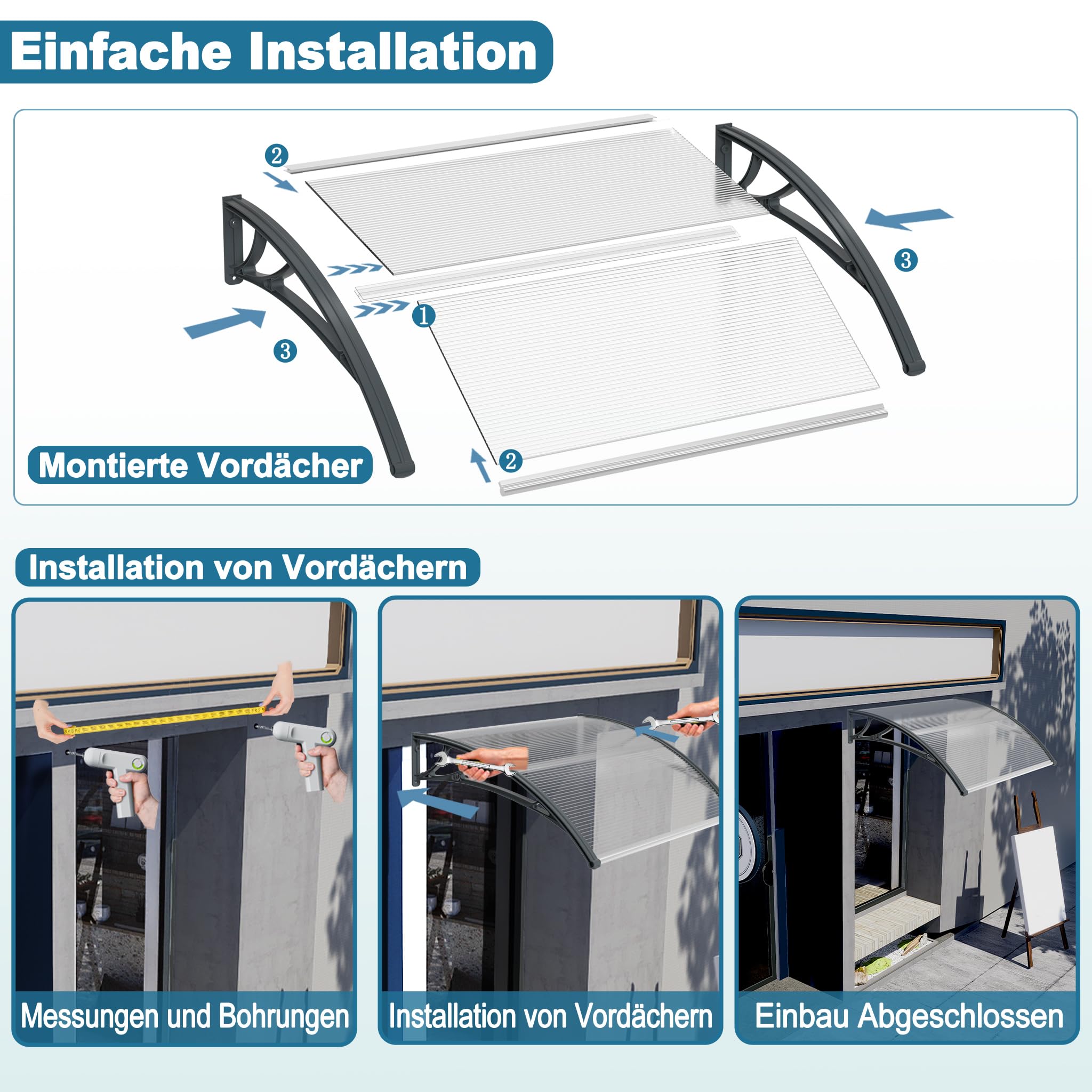 Froadp 100x150cm Marquesina para Puerta, Toldos de Policarbonato, Semitransparente Tejadillo Exteriores de Protección para contra la Lluvia Nieve y los Rayos UV, Toldos para Ventanas de Patio(Gris)
