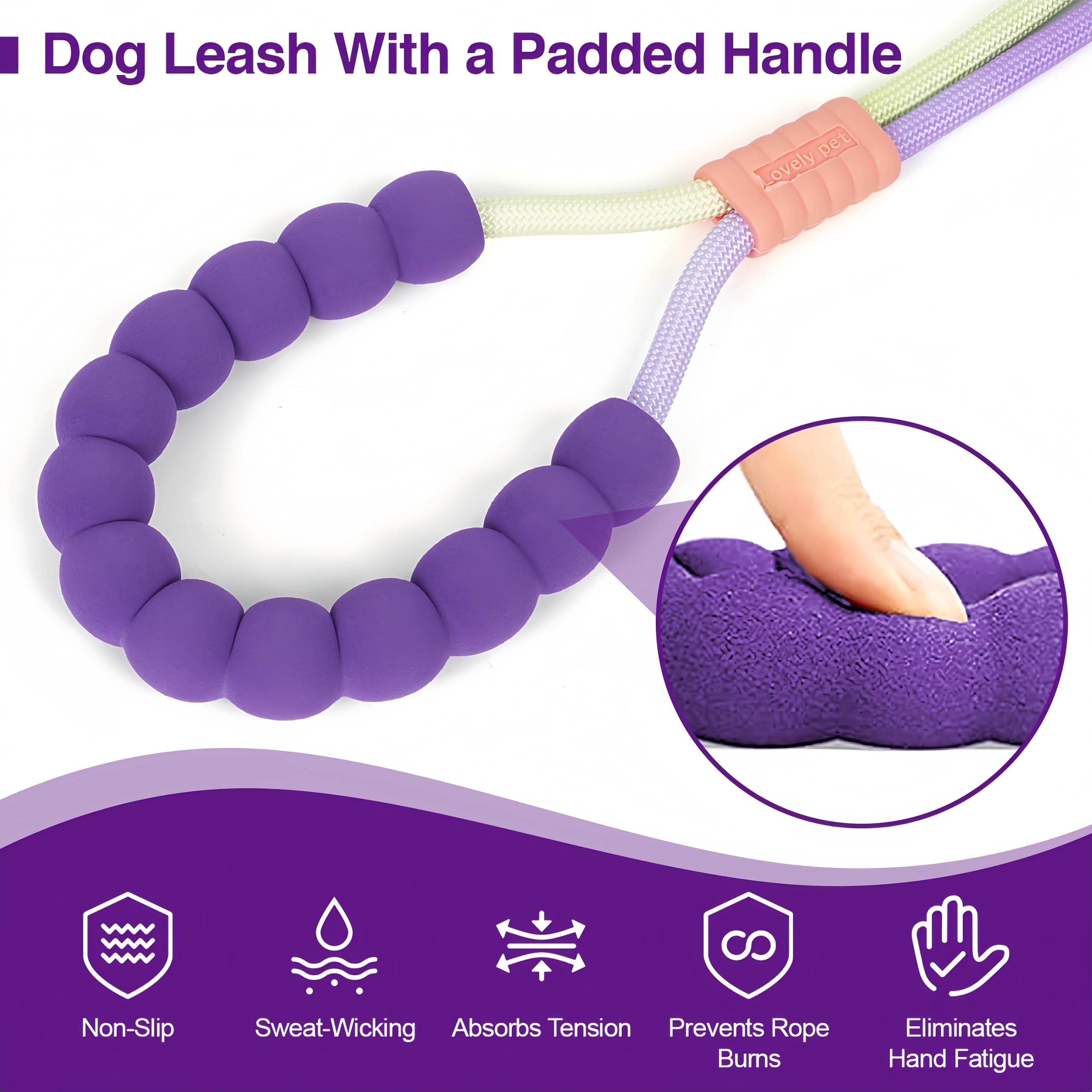 Kurze Hundeleine mit Kotbeutelspender, 45,7 cm, gepolsterter Griff und Drehclip für mittelgroße und große Hunde, Training, Walking, Joggen (Violett-Grün)