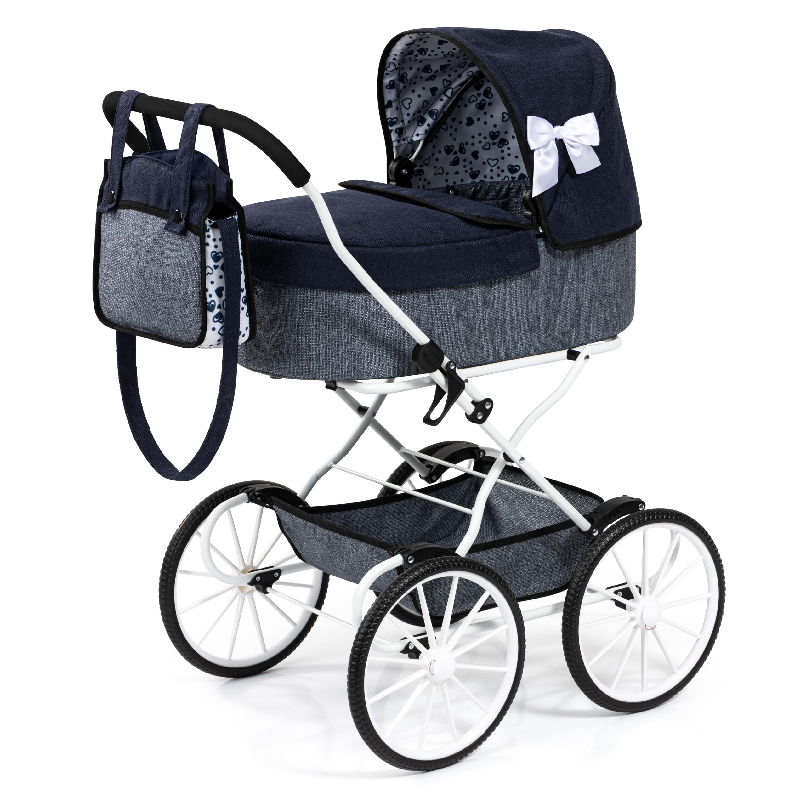 Bayer Design 14381AA Puppenwagen nostalgisch, klassisch, mit Korb, Tasche, Abdeckung, Blue | große Räder, Abdeckung, klassisch