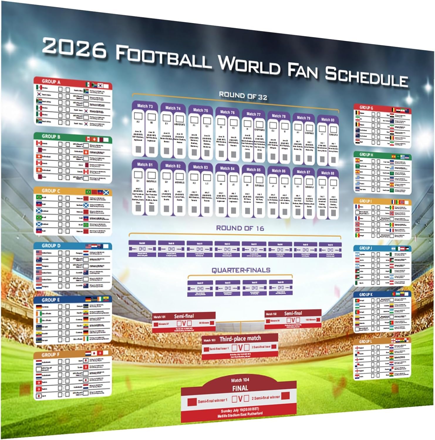 hsyomgcs Large 84x60cm 2026 Football Match Schedule Poster for 2026 World Cup, Laminated Wall Chart with Complete Tournament Fixtures from Group Stage to Knockout (Full version for 48 countries)