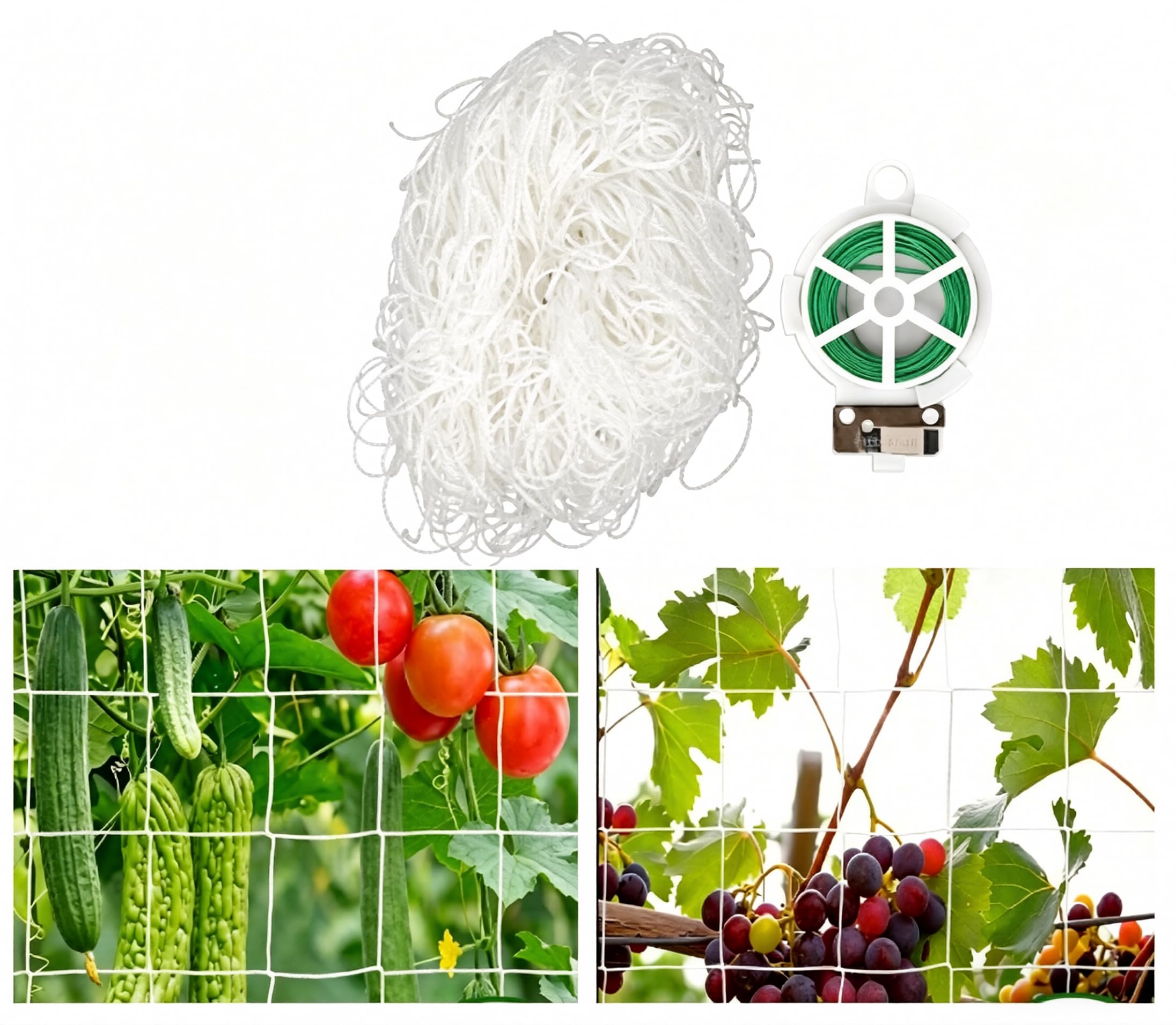 1.8m * 5m Garden Netting with 50 Green Plant Twist Ties, Pea Bean Netting Climbing Plant Support Net, Garden Trellis Mesh Net for Cucumber Tomatoes Grapes Climber Vine Plant Flower(White)