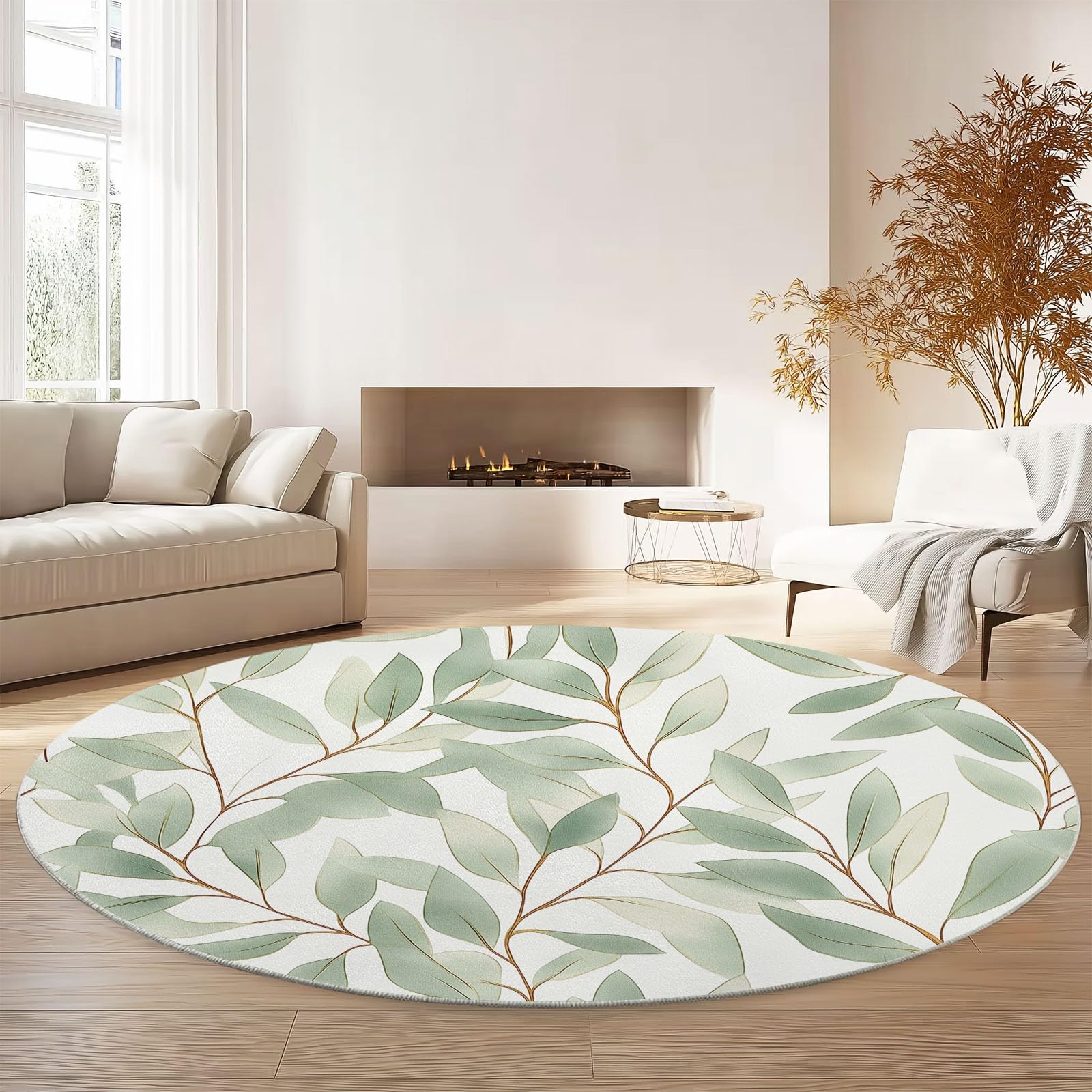 Tapis Rond Naturalisme Feuilles Feuillage 150 Cm – Tapis Doux Et Moderne pour Salon, Chambre, Bureau Ou Entrée, Antidérapant, Facile À Nettoyer, Résistant Et Confortable Vert