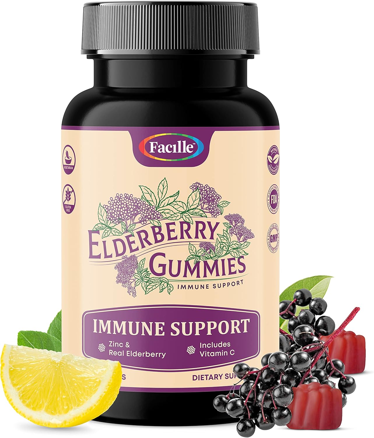 Facille Sambucus Elderberry Gummies Supplement Supports Immune System