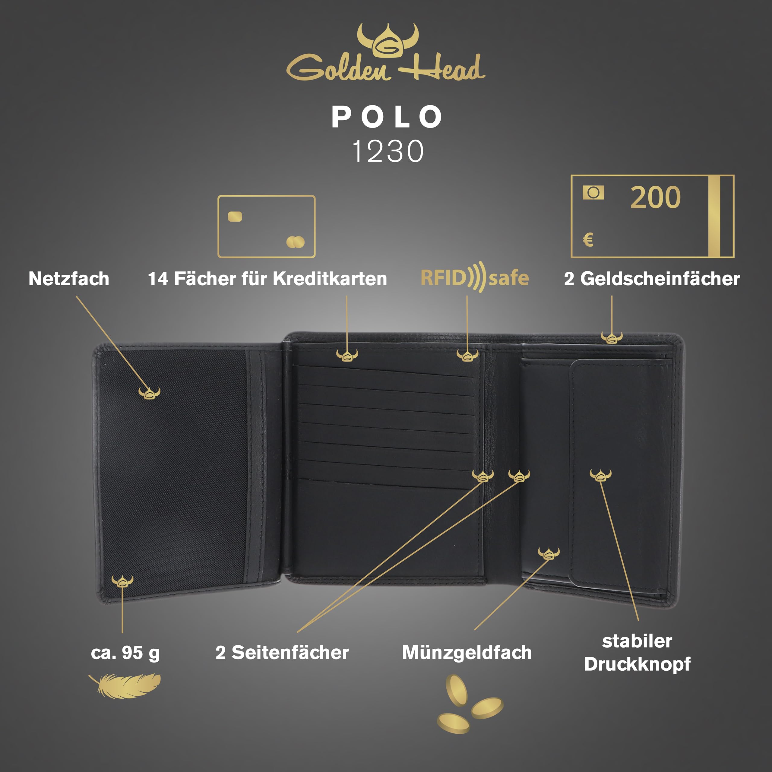 Golden Head Leder Geldbörse Polo RFID Protect Kombischeintasche 1230 Schwarz