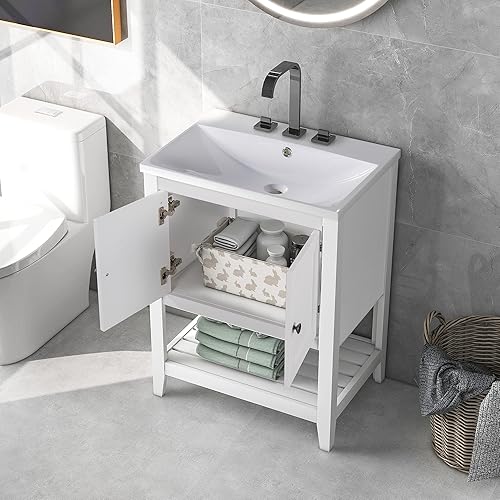 Miniatura 3 de Conjunto de tocador de baño moderno y elegante de 24 pulgadas con lavabo, armario de almacenamiento de baño con puertas y estante abierto, juego de