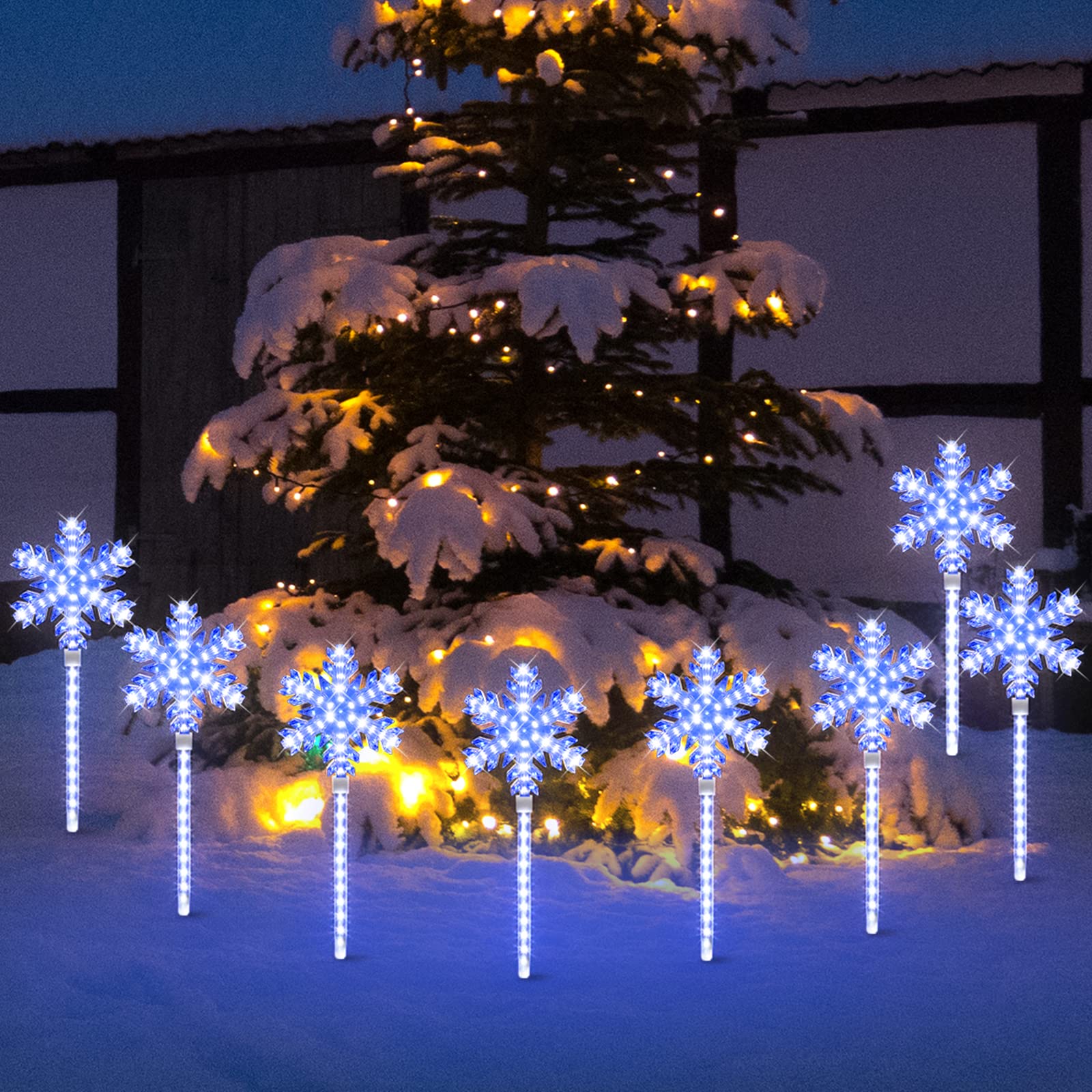 LAMPHOME 4PK 31.5Inches 704LED White And Blue Snowflake Lawn Stake Light With White Shooting Star, Pathway Markers Pathway Lights Decorations For Outdoor Yard - View #2