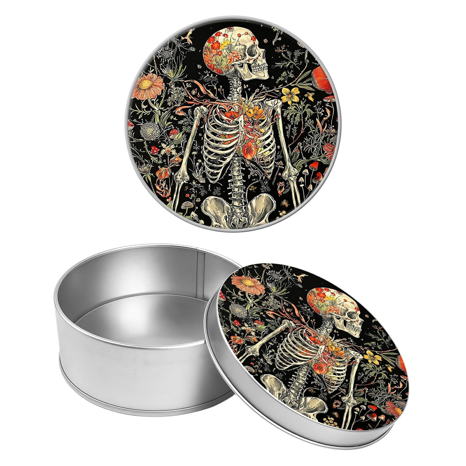 Round Metal Tin Container with Removable Lid, Skeleton in Bloom Durable Metal Storage Box for Crafts Snacks Candies Office Supplies Small Items 3.54 x 1.38 inch– Single Pack