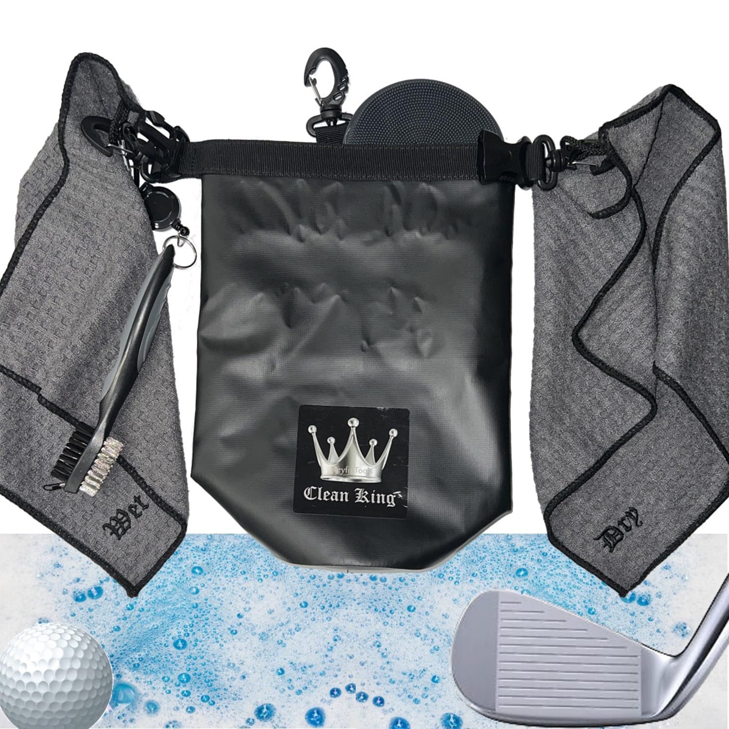 Keyfit Tools Clean King Golf Club Cleaner Golf Ball Grip Washer Holder Accessories Cleaning On Your Bag ~ 1 Wet Towel 1 Dry Towel 1 Water Reservoir 1