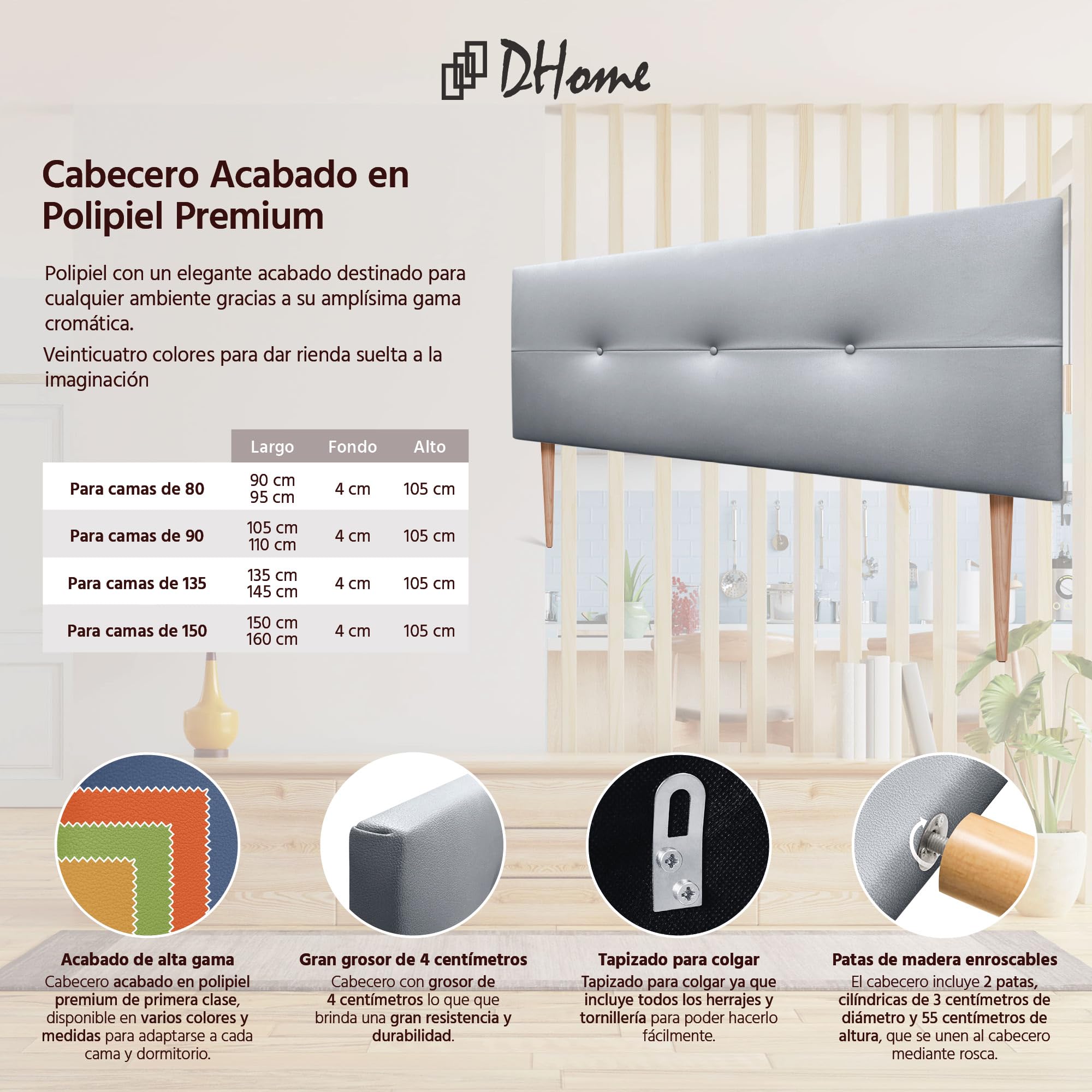 DHOME Cabecero Cabezal tapizado en Polipiel o Tela AQUALINE con Patas cabeceros Cama (Polipiel Plata,135x105cm (Camas 120/135/140))