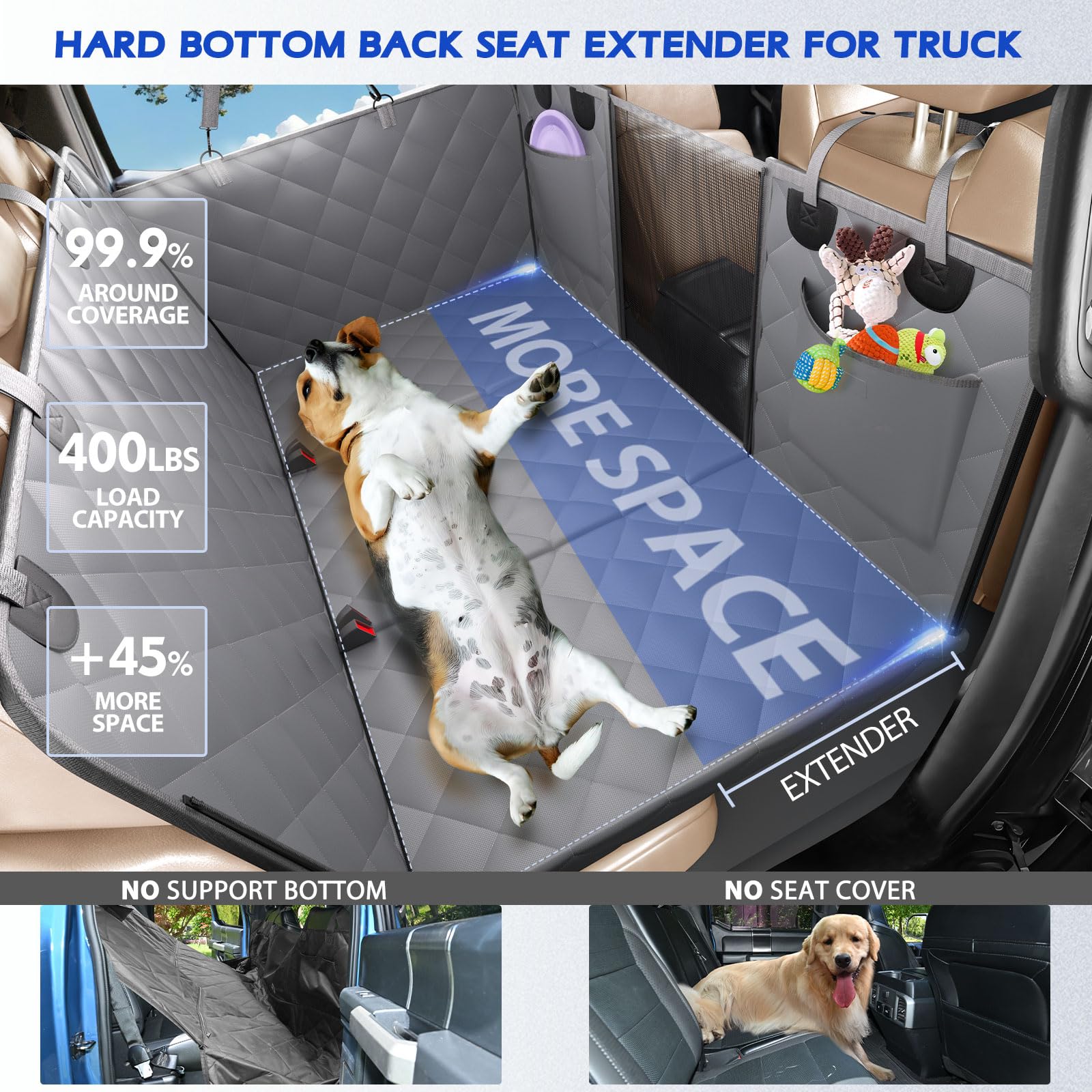 Coprisedile posteriore per cani da camion, amaca per cani con fondo rigido per auto, impermeabile XL e morbido letto da viaggio per animali domestici, supporta 181,4 kg, protezione