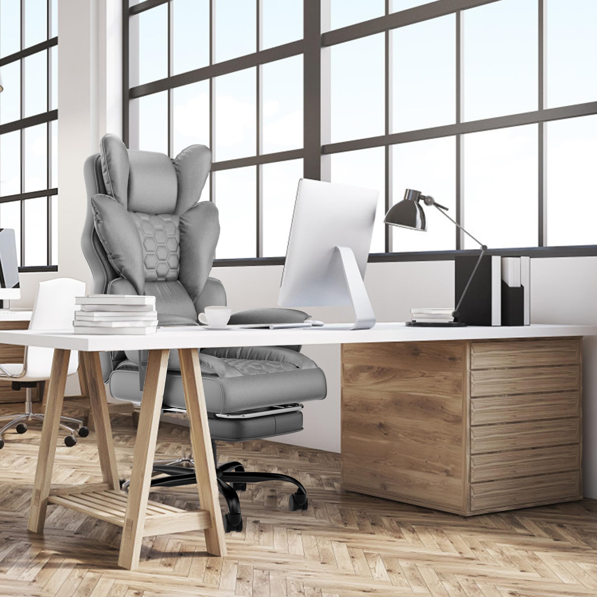 ACXIN Ergonomischer Chefsessel Bürostuhl PU-Leder mit hoher Rückenlehne, 150° verstellbar, verstellbare Armlehnen & Fußstütze für Büro, Homeoffice & Gaming (Grau, Belastbarkeit 150 kg)