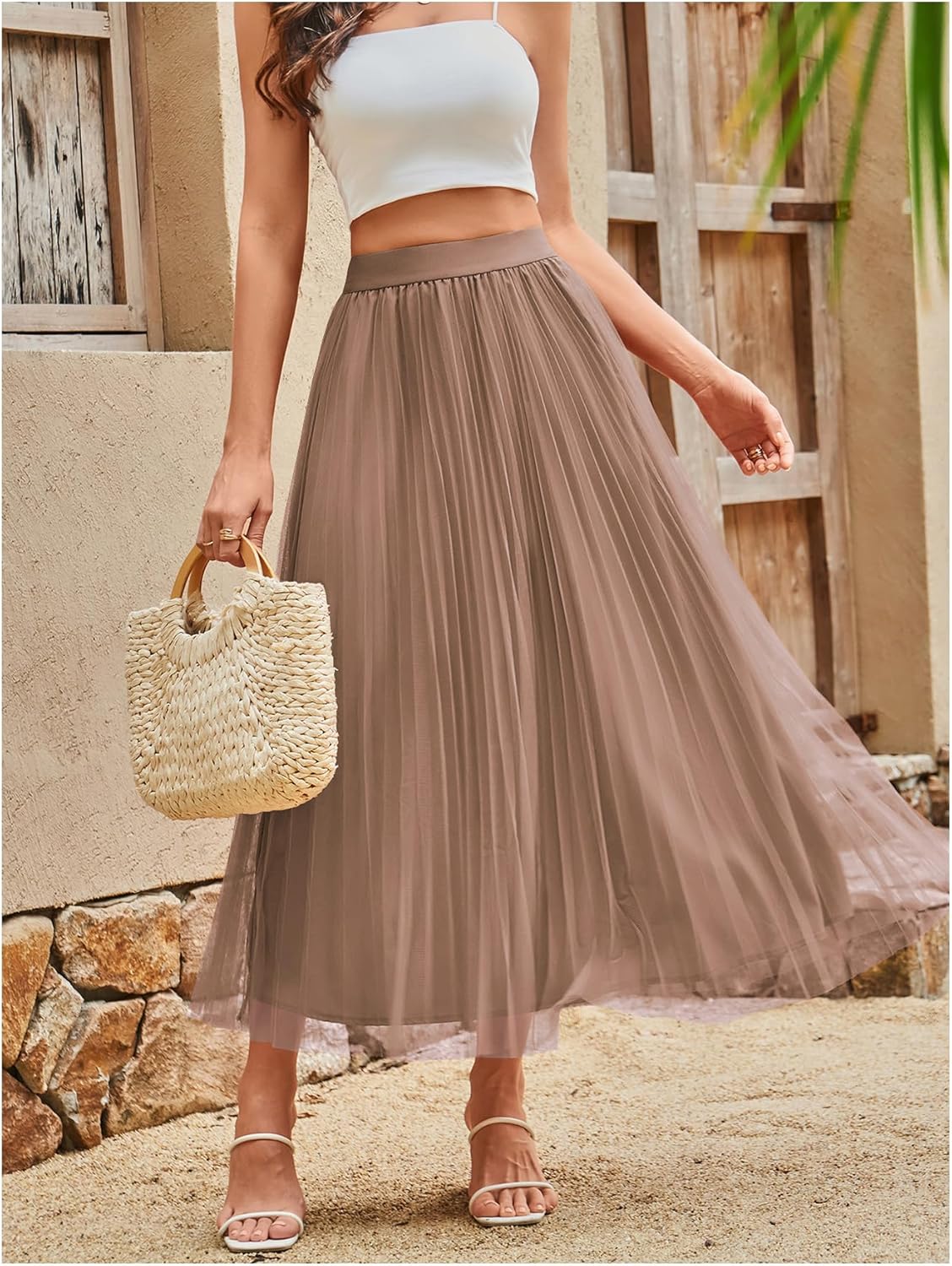 SHENHE Women's Tulle Skirt Mesh Pleated Layered A Line High Waist Elegant Flowy Long Skirt - Image 3
