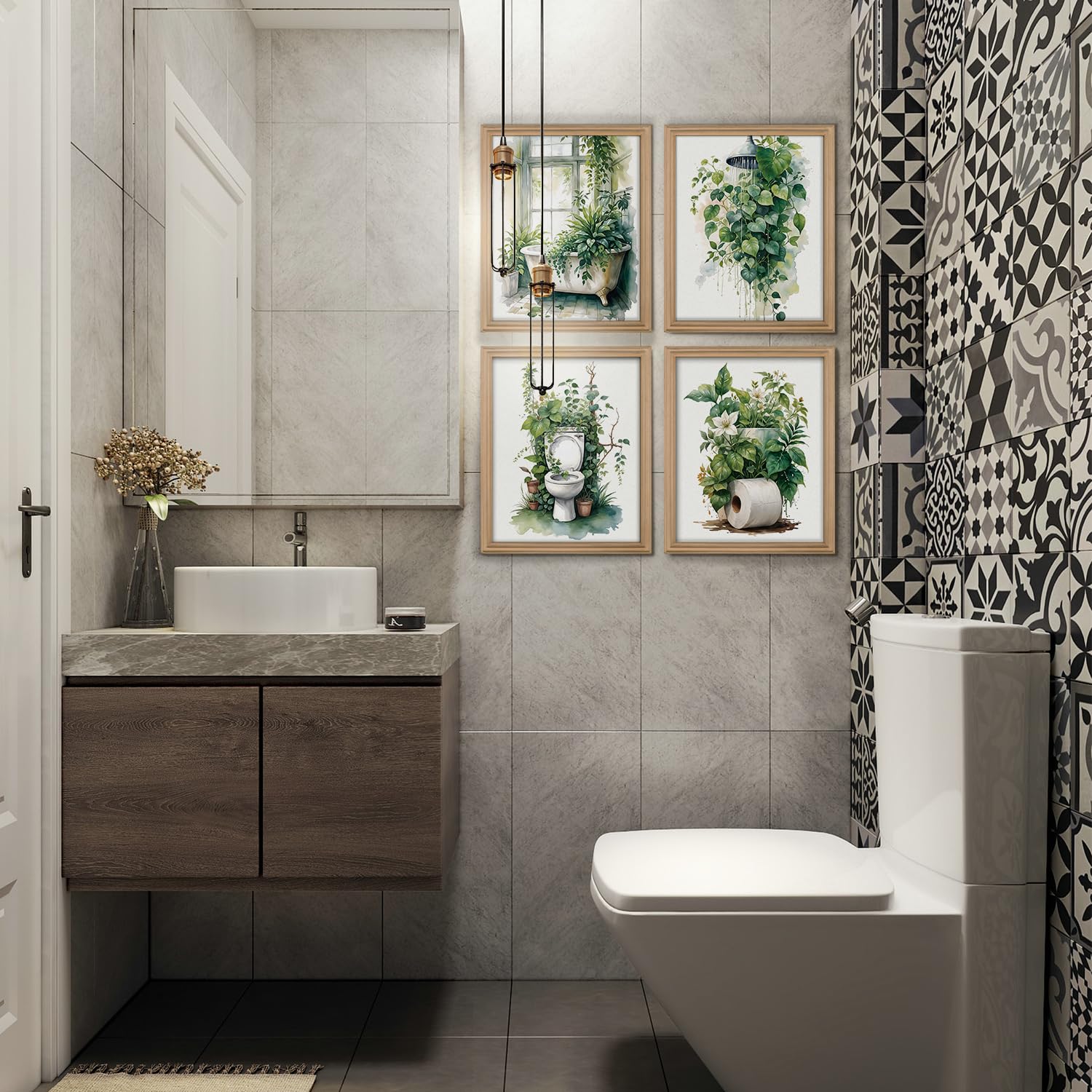 Set di 4 stampe artistiche da parete per bagno, senza cornice, motivo botanico, con piante rustiche, decorazione da parete per bagno, bagno, bagno, 30,5 x 40,6 cm