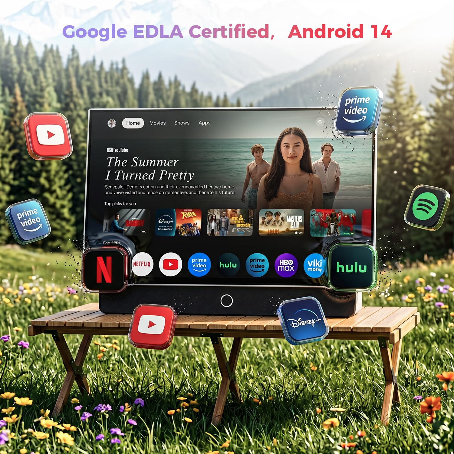 VLH 27 Zoll Tragbarer Fernseher, Smart Google TV, Batteriebetriebener Outdoor-Fernseher 1080P, Dolby Audio, 300cd/m², WLAN ＆ Bluetooth, Fernbedienung für Google Assistent, Ideal für Camping, Parties