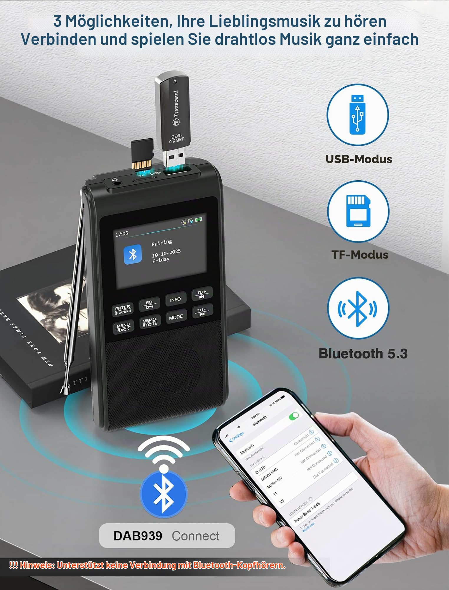 Tragbares DAB-Radio mit Bluetooth 5.3, wiederaufladbares, batteriebetriebenes FM-Radio, klein, Dual-Alarmuhr, DAB+ Digitalradio mit Farbdisplay, großer 5-W-Lautsprecher, unterstützt SD-Karte und