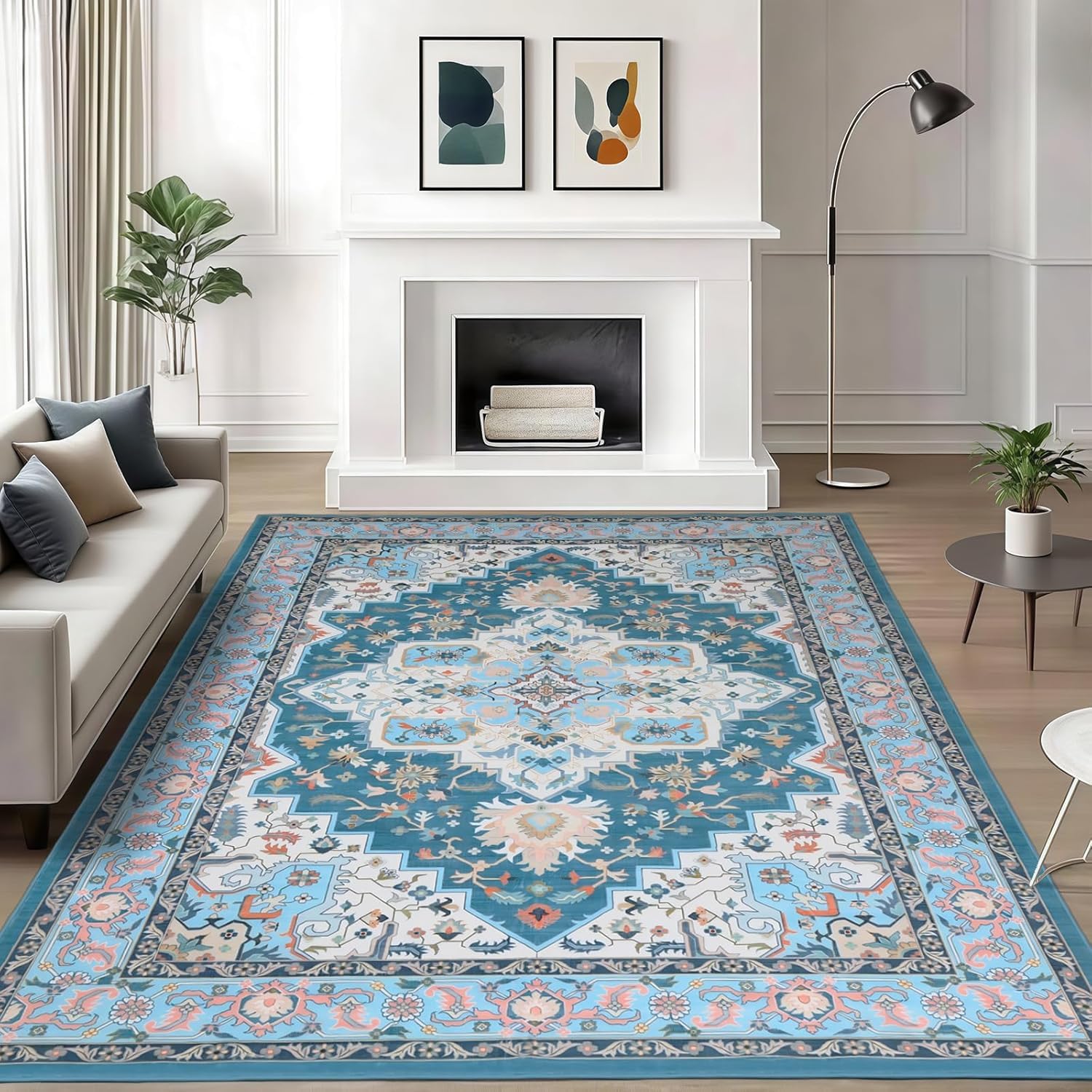 Tappeto Salotto Grandi 200 x 250 cm Tappeti Antiscivolo Morbido Pelo Corto Tappeti per camera da letto soggiorno casa ufficio Tradizionale Floreale Blu Bianco Rosa Arancione