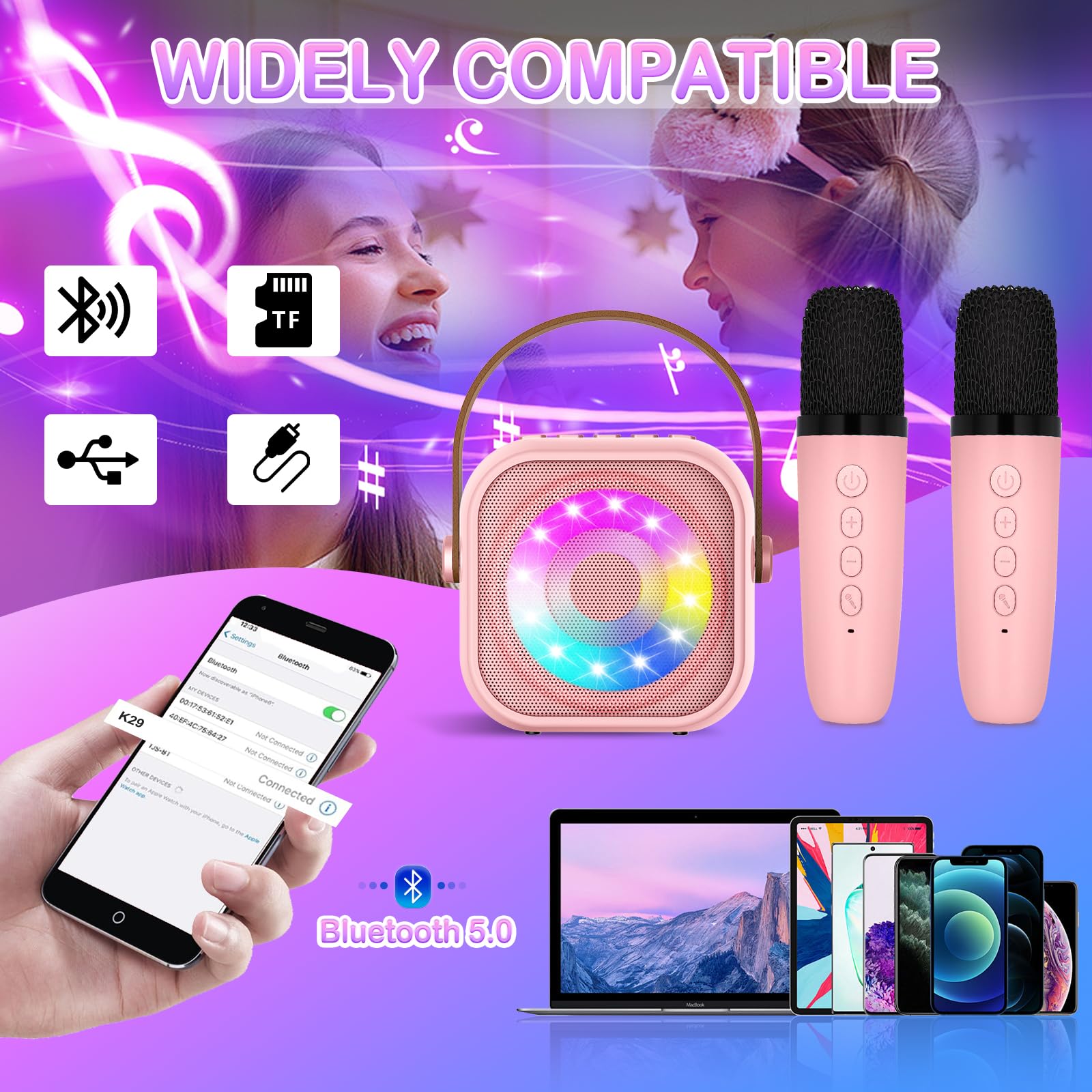Karaoke per Bambini con 2 Microfoni, Microfono Bambini con Luce LED, Macchina Karaoke Portatile Microfono Wireless con Effetti di Cambio Voce, Giocattoli Elettronici Regali per Bambini da 3 a 18 anni