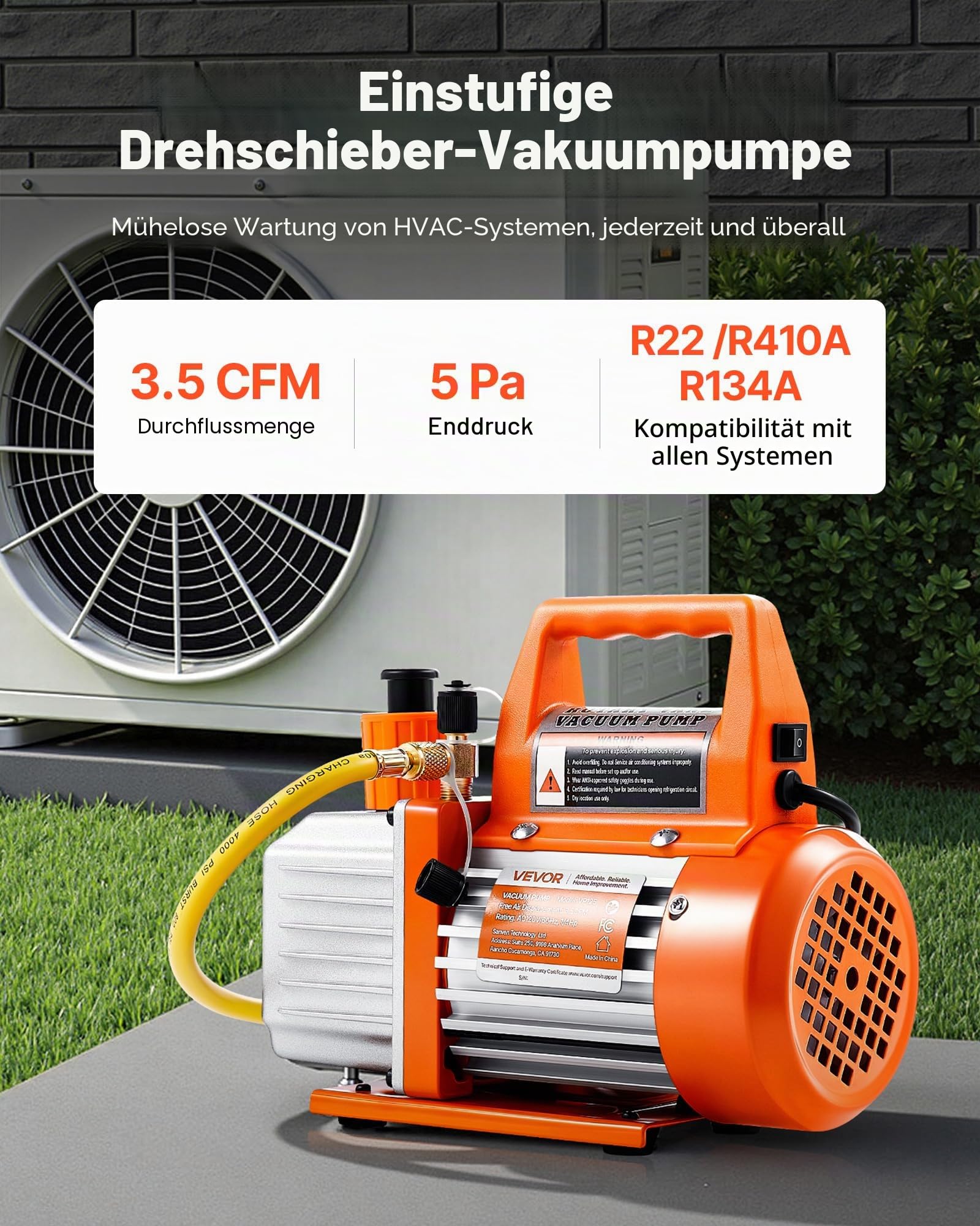 VEVOR Vakuumpumpe, 99 L/min, HVAC Einstufige Drehschieber-AC-Unterdruckpumpe, für R134a R22 R410a-Systeme, mit Ölflasche, 4-poligem Motor, 5 Pa, für die Harzentgasung von Kfz-Klimaanlagen