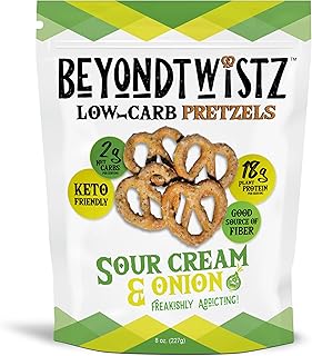 BeyondTwistz Low Carb Pretzels, Sour Cream and Onion, Keto Friendly, 2g Net Carbs, 18g Protein, Powered By HealthSense® High Fiber Wheat Flour, Family Size 8oz Bag, Pack of 1