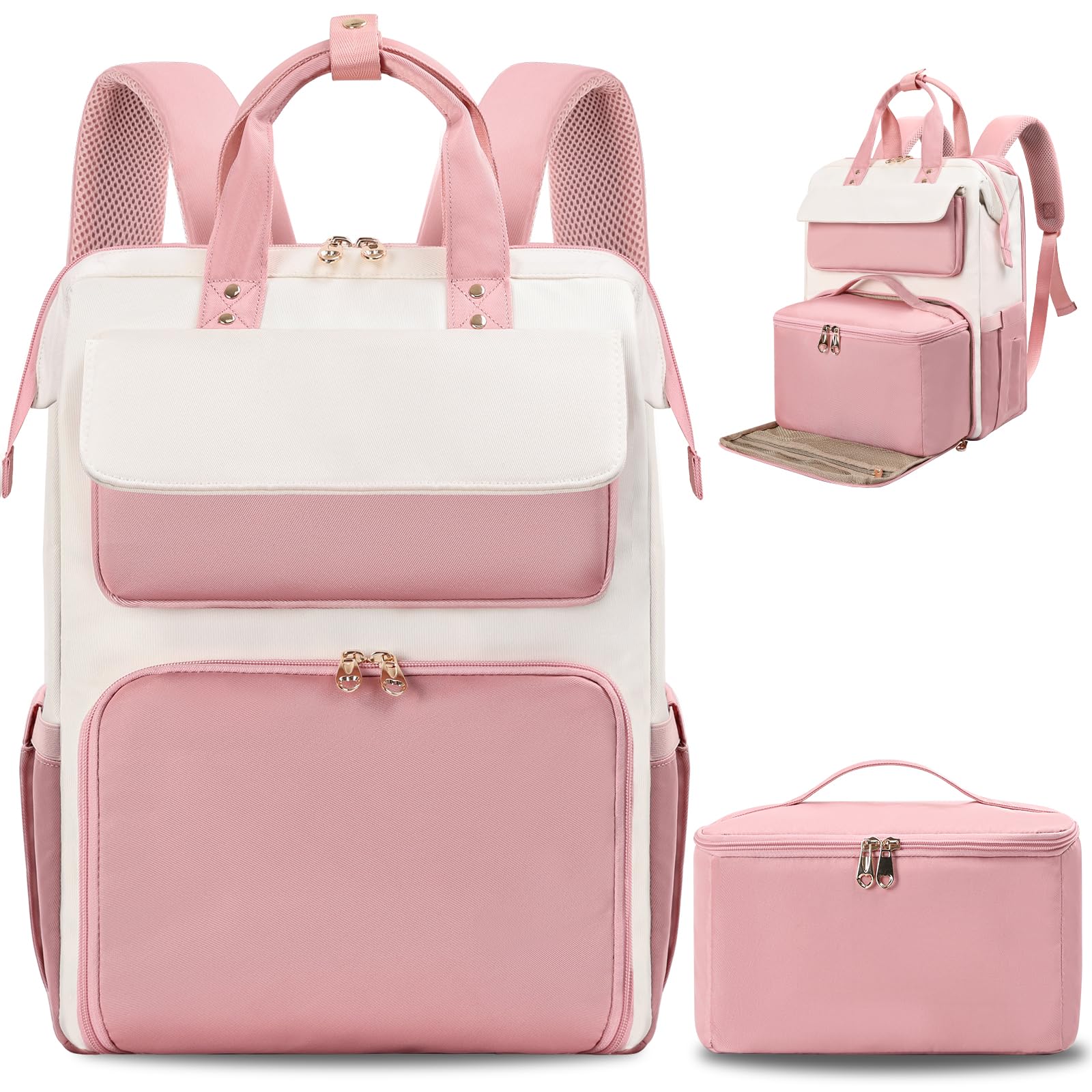 BERTASCHE Zaino per il pranzo, per laptop da donna da 15,6 pollici, con borsa termica isolata, zaino da lavoro 2 in 1, per donne, lavoro, lavoro, viaggi, insegnanti, scuola, università, Rosa/Beige