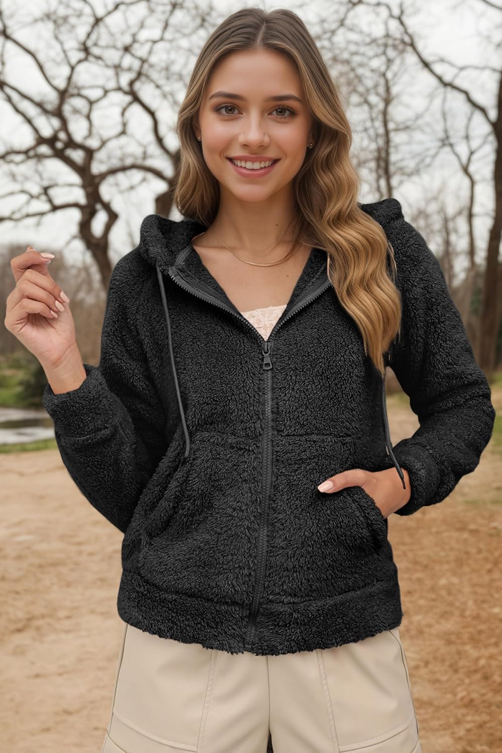 RISISSIDA Women Faux Fur Fleece Lightweight Short Jacket Hooded Spring Fall Transitional Fashion, Cute Thin Coat - Image 2