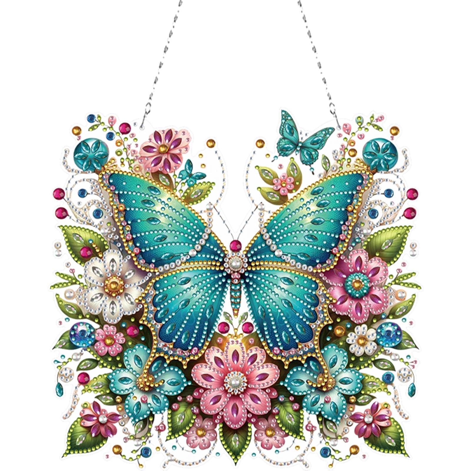 Diamond Art Suncatcher Kits for Adults,DIY Hanging Diamond Art Wind Chimes for Windows,Gem Art for Adults Window Hanging Kit for Home Garden Decoration(Flower Butterfly)