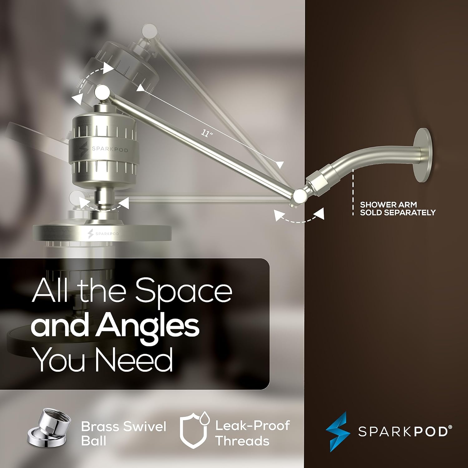 SparkPod 6" High Pressure Rain Shower Head with 23 Stage Filter Capsule & 11 Inch Adjustable Shower Arm Extension - Shower Filter Reduces Chlorine for Smoother Hair & Skin (Round, Brushed Nickel)
