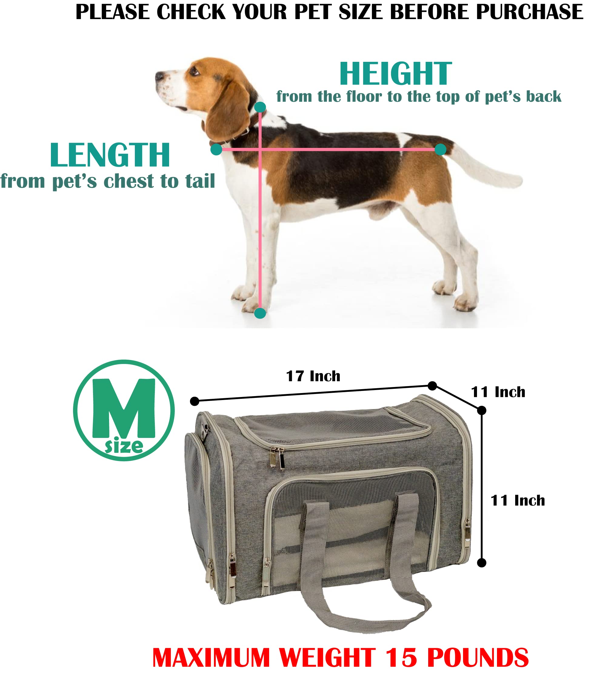 Lioneon Transportador para mascotas, perros, gatos y cachorros para perros pequeños, medianos y grandes, 15 libras, tamaño grande, plegable, con lados suaves, con alfombrilla acogedora extraíble y