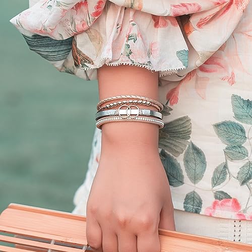 Miniatura 4 de FANCY SHINY Pulseras bohemias de cuero con cuentas doradas para mujer, apilables con cierre magnético