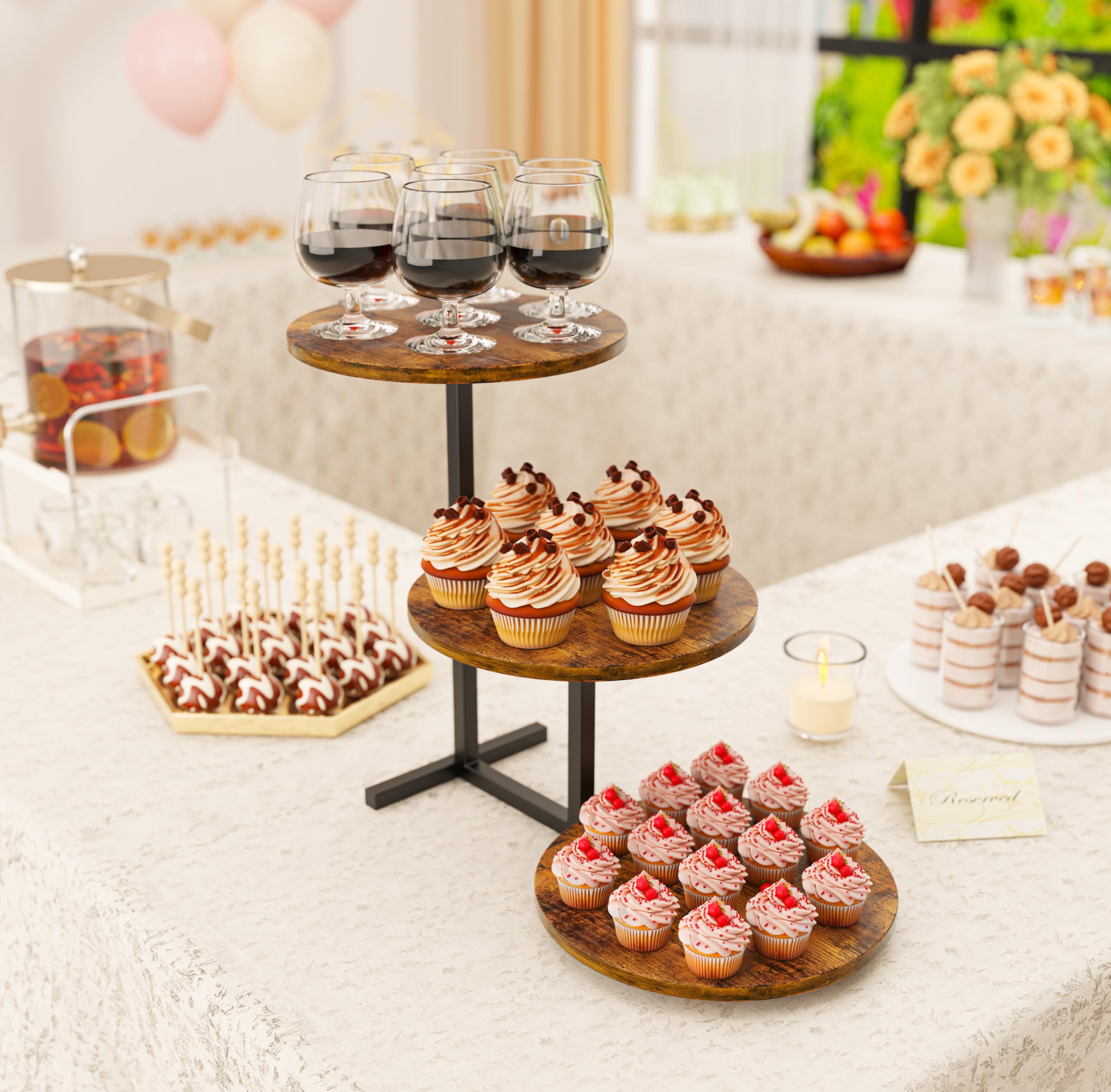 1 soporte para tartas de 3 niveles, soporte de madera para 50 cupcakes, torre de cupcakes como frutero o bandeja, torre de postres para cupcakes para té de la tarde, fiesta temática, boda y