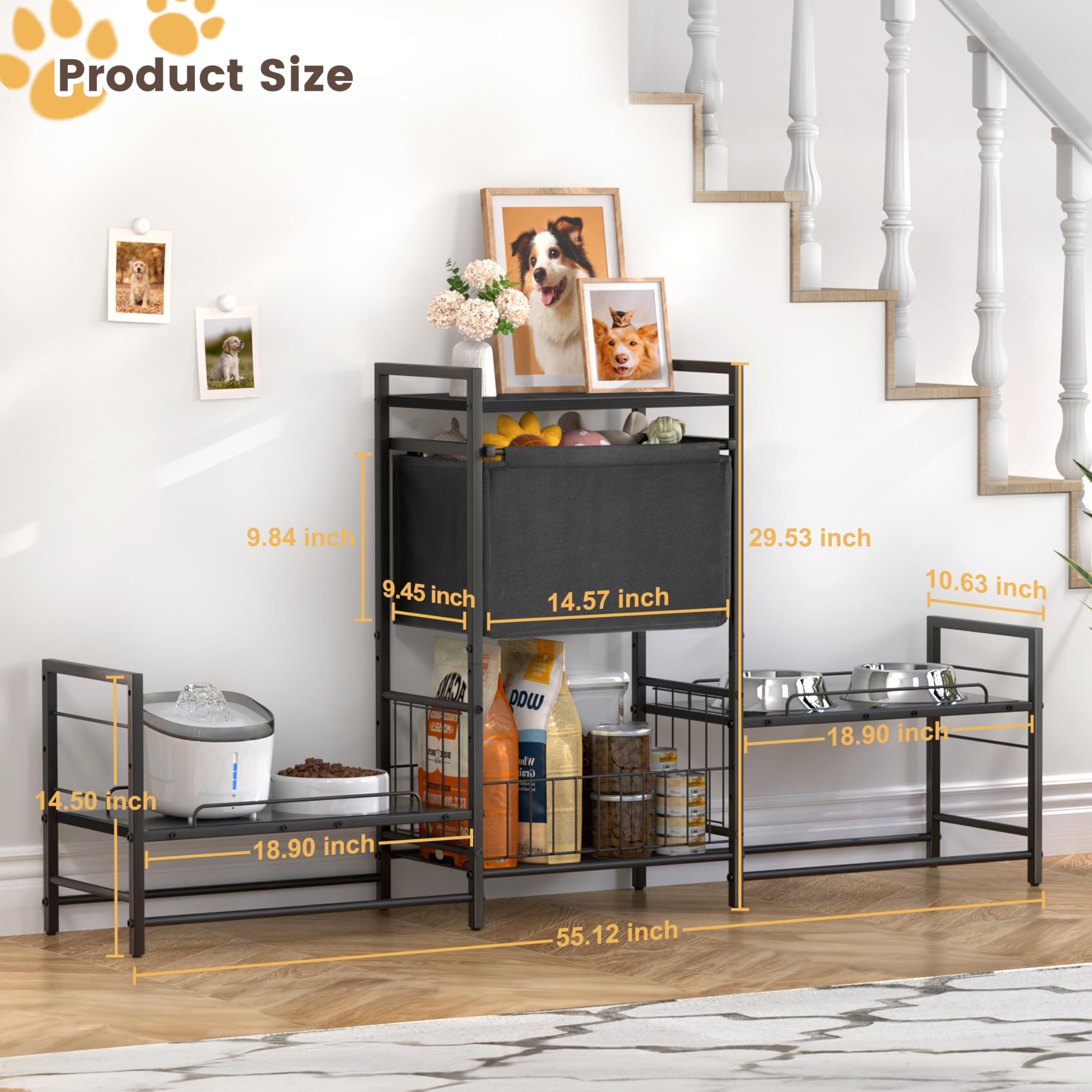 Support de gamelle surélevée pour chien avec 2 stations d'alimentation, armoire d'alimentation surélevée réglable avec panier à jouets, support de bol de nourriture et d'eau soulevé, organisateur de
