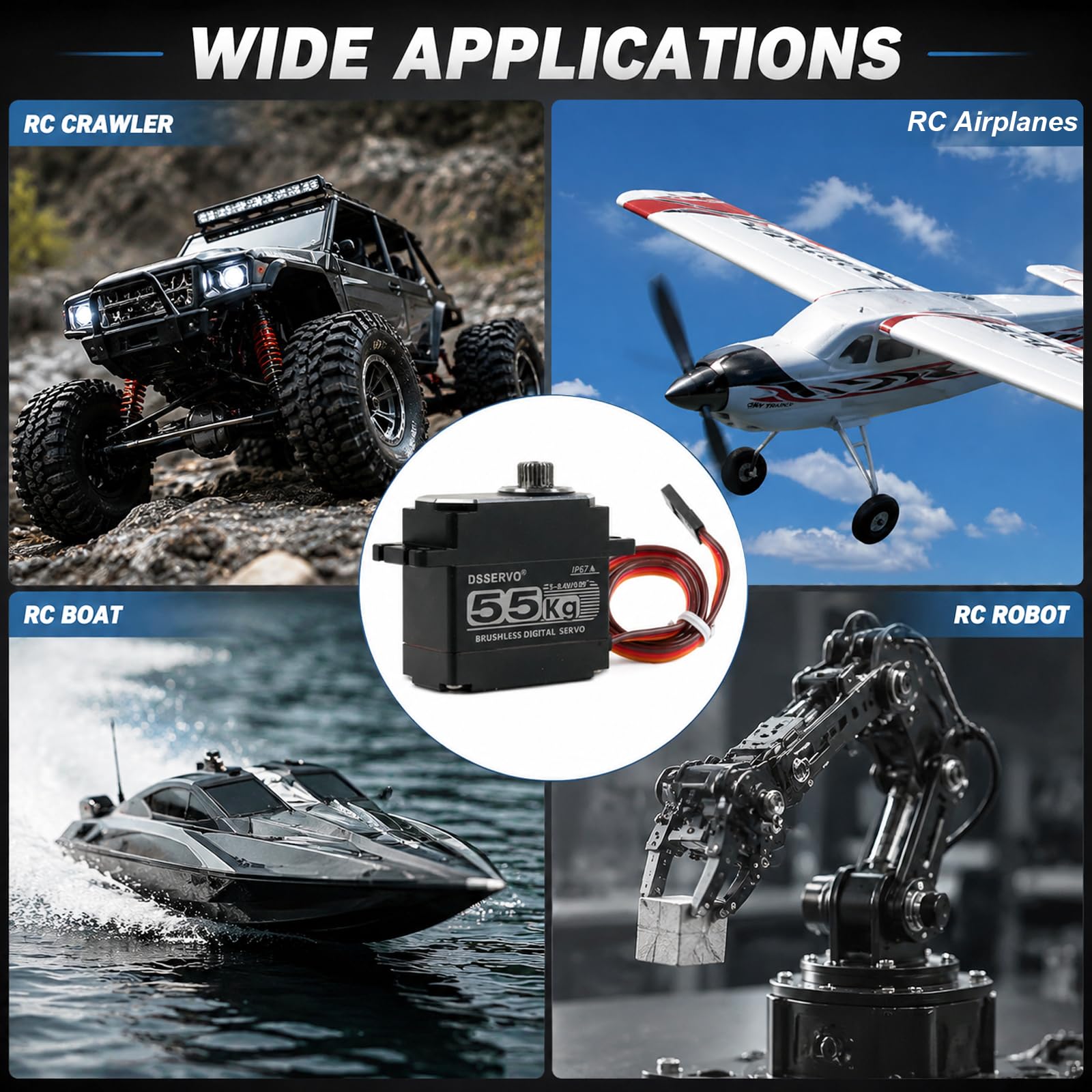 55 kg bezszczotkowy serwomer BLS3355 High Speed RC Digital Servo 180° | 180 stopni 7,4 V High Speed Waterproof IP67 Full Metal High Torque Servo for 1/8 1/10 RC Car Crawler