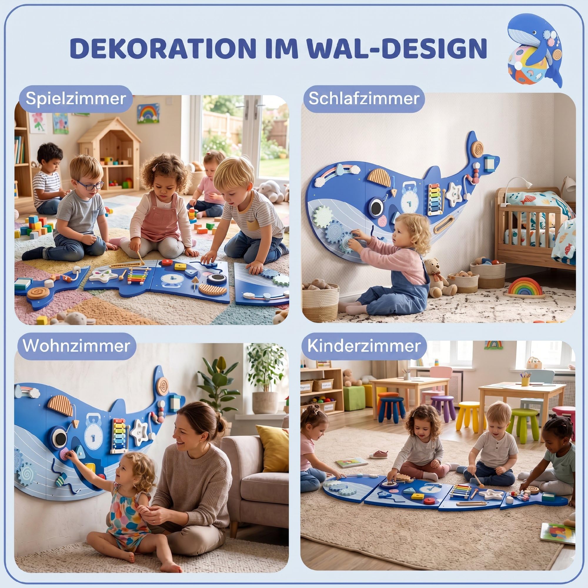 AIYAPLAY Montessori Motorikbrett 13-in-1 Holz Busy Board Wandmontiertes | in Waleform, Activity Board Spielzeug, Xylophon Uhr Zahnrädern Blöcken, Frühes Lernspielzeug, für Kinder ab 2 Jahr
